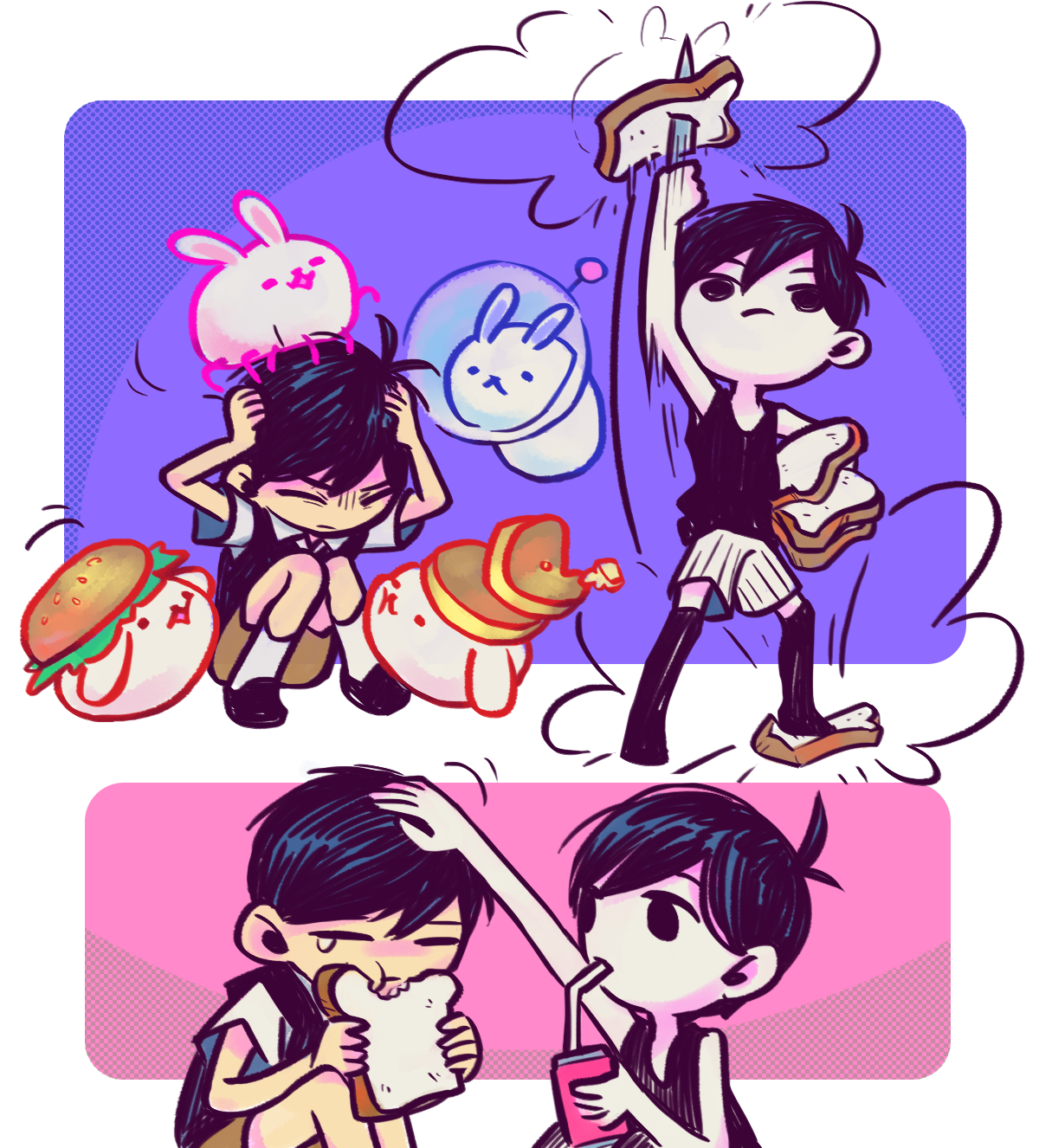 laser-lance, bug bunny (omori), bun bunny (omori), omori (omori), pancake bunny (omori), space bunny (omori), sunny (omori), omori, highres, 2boys, antenna hair, arm up, black eyes, black hair, black shoes, black socks, black sweater vest, black tank top, bread, bread slice, brown shorts, closed eyes, closed mouth, collared shirt, colored skin, drinking straw, eating, food, hand on another's head, headpat, holding, holding food, holding juice box, holding knife, kneehighs, knife, male focus, multiple boys, shirt, shoes, short sleeves, shorts, sitting, socks, standing, striped clothes, striped shorts, sweater vest, tank top, vertical-striped clothes, vertical-striped shorts, white shirt, white shorts, white skin, white socks