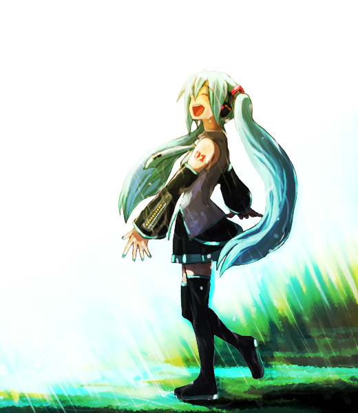 kusaka yoru, hatsune miku, vocaloid, aqua hair, boots, detached sleeves, headphones, long hair, necktie, rain, solo, thigh boots, thighhighs, twintails, very long hair, zettai ryouiki