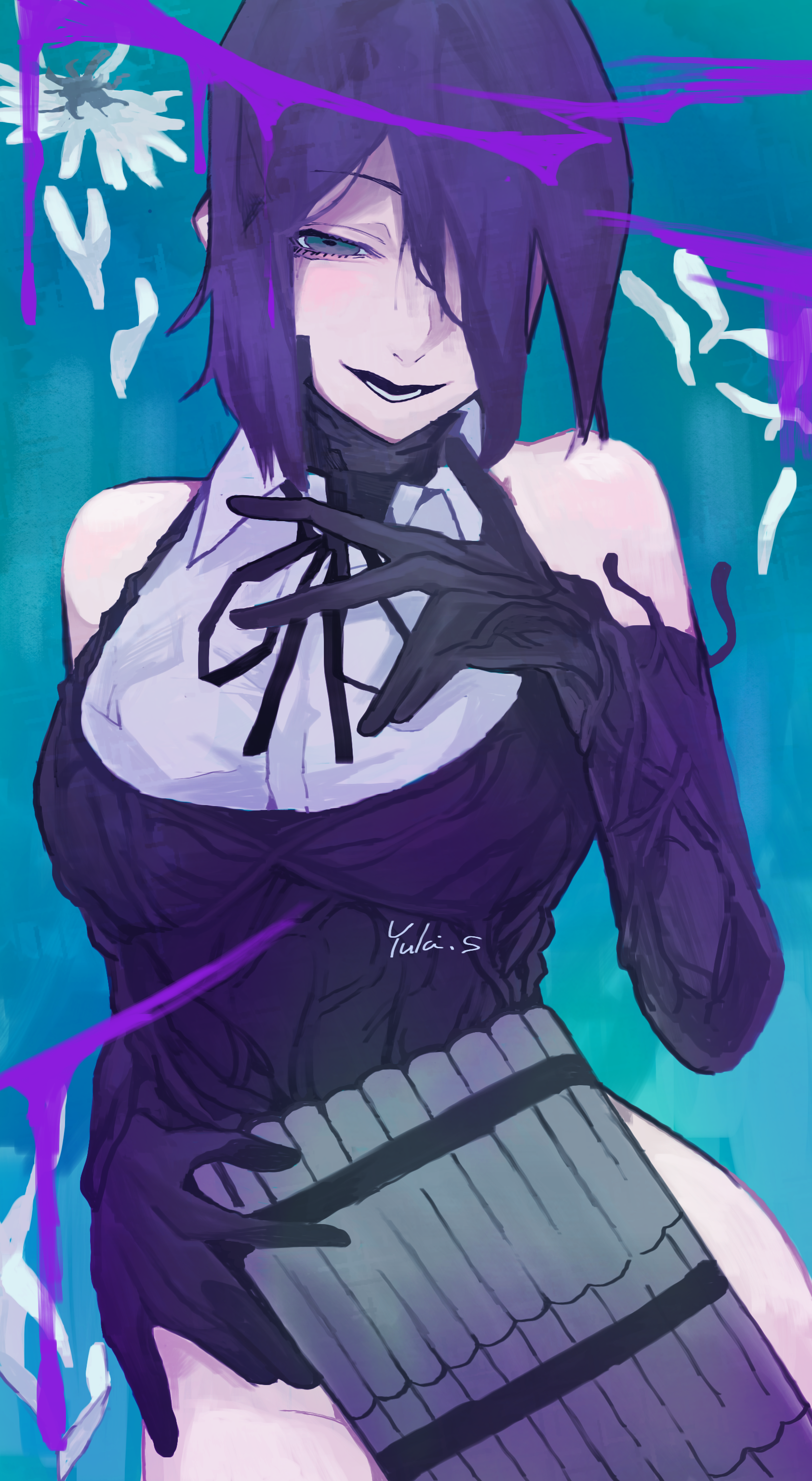 bomb devil (chainsaw man), reze (chainsaw man), chainsaw man, absurdres, highres, 1girl, apron, black apron, black gloves, black ribbon, blue background, breasts, cowboy shot, dynamite, elbow gloves, explosive, gloves, green eyes, hair over one eye, large breasts, lower teeth only, neck ribbon, open mouth, purple hair, ribbon, shirt, solo, teeth, white shirt, yukishiba446