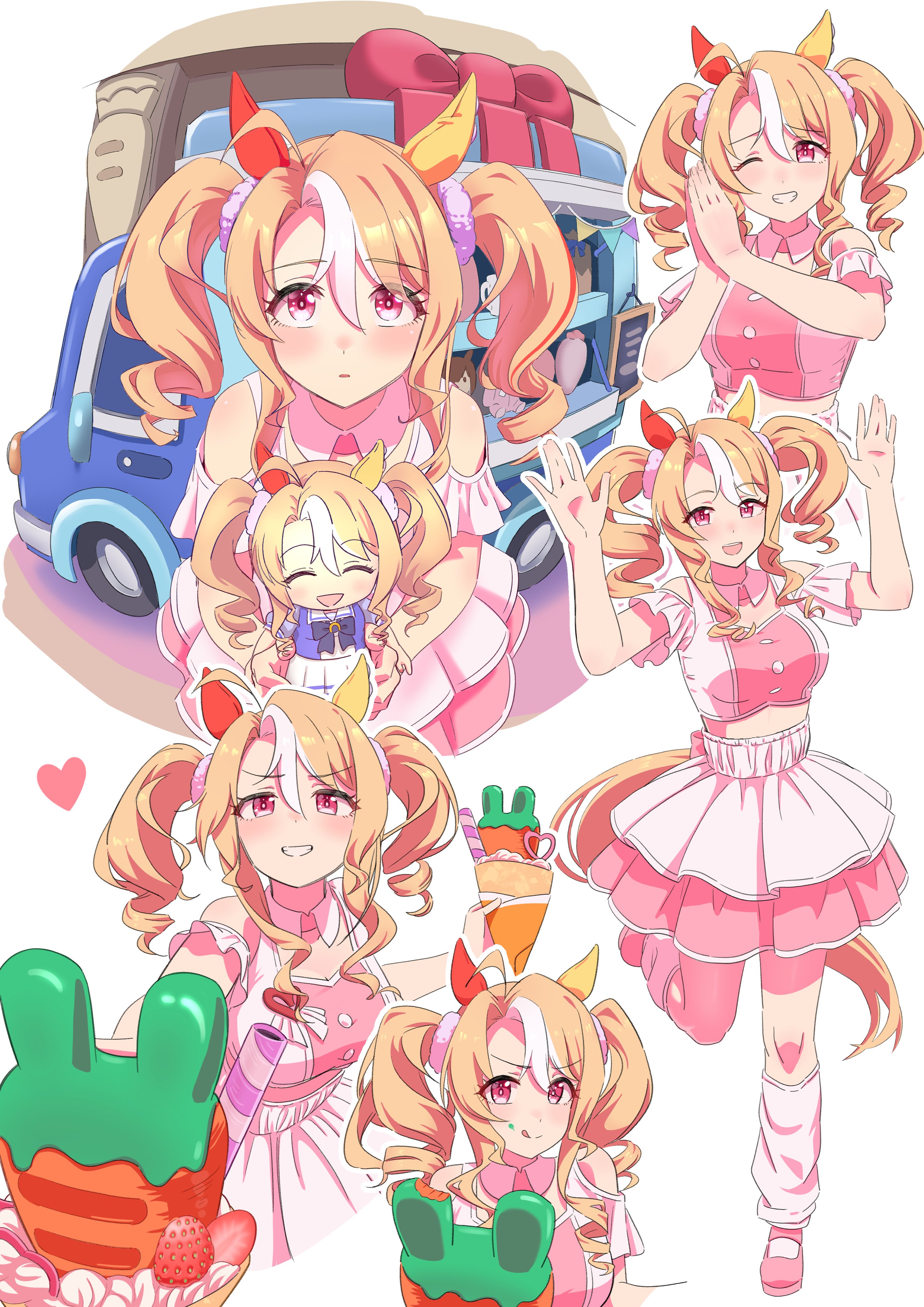 kazoku chicken, fusaichi pandora (umamusume), umamusume, absurdres, highres, 1girl, ahoge, alternate costume, animal ears, blonde hair, blush, bow, breasts, character doll, closed eyes, closed mouth, crepe, cropped shirt, doll, drill hair, ear covers, food, food truck, hair between eyes, hair ornament, hair scrunchie, hands up, heart, heart hands, holding, holding crepe, holding doll, holding food, horse ears, horse girl, horse tail, layered skirt, long hair, looking at viewer, loose socks, medium breasts, meni shuki rush-sshu!, midriff, mismatched ear covers, motor vehicle, multicolored hair, one eye closed, open mouth, pink shirt, pink shoes, pink skirt, pink socks, purple bow, purple shirt, red eyes, sailor collar, sailor shirt, school uniform, scrunchie, shirt, shoes, short twintails, skirt, smile, socks, tail, tongue, tongue out, tracen school uniform, truck, twin drills, twintails, white hair, white sailor collar, white skirt