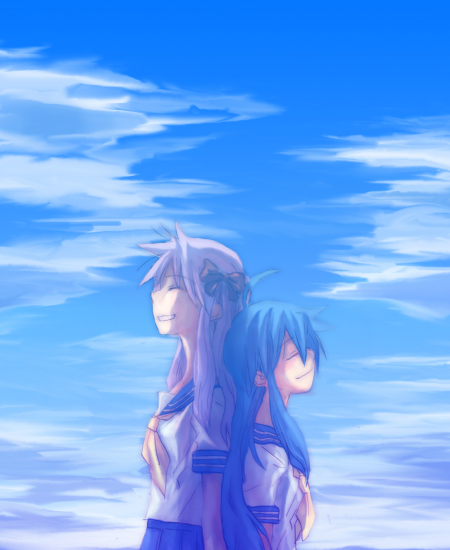 kusaka yoru, hiiragi kagami, izumi konata, lucky star, 00s, 2girls, ahoge, back-to-back, blue hair, bow, closed eyes, cloud, hair bow, hair ribbon, long hair, multiple girls, pleated skirt, purple hair, ribbon, school uniform, serafuku, skirt, sky, smile, twintails