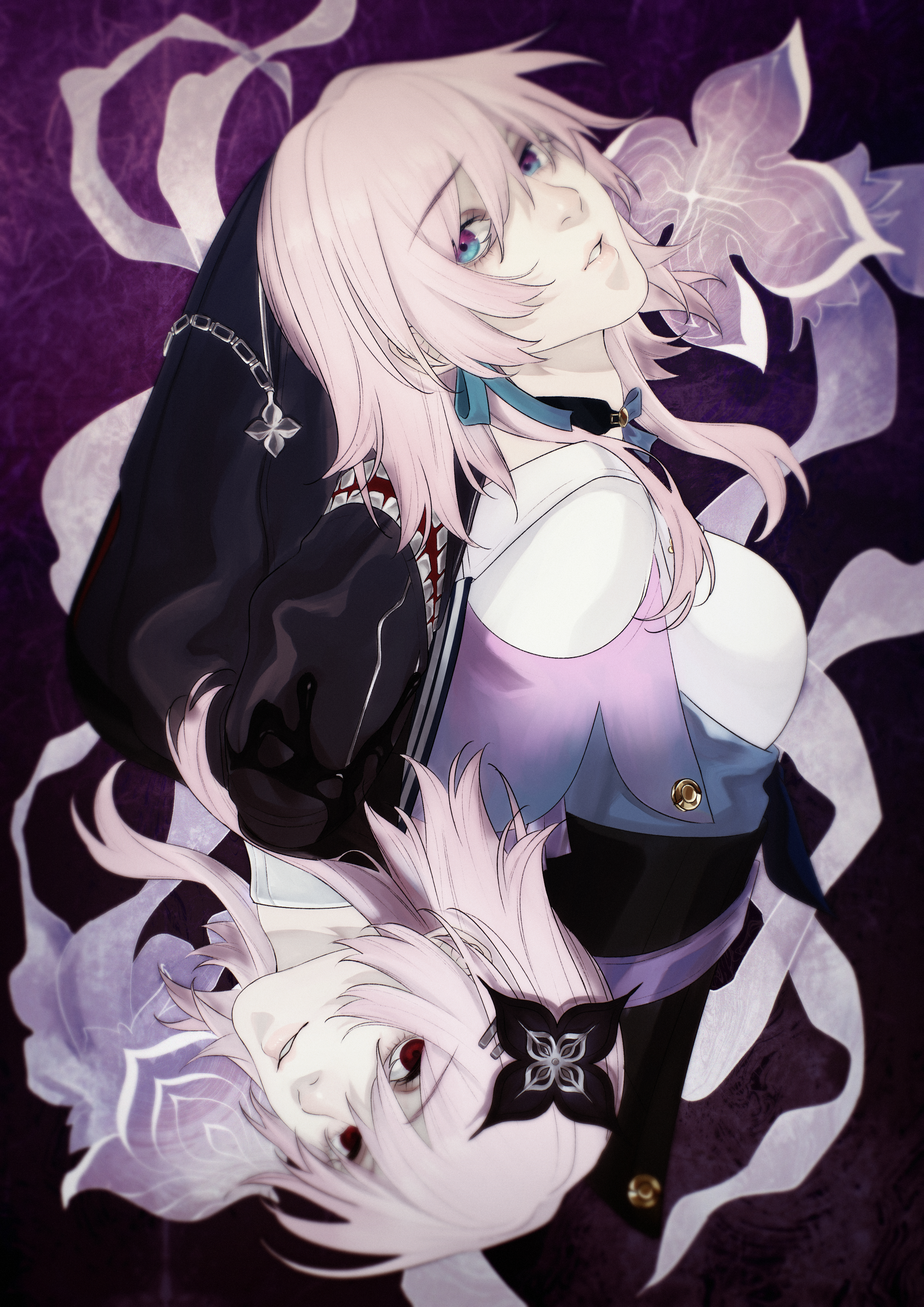 chan (yh910), evernight (honkai: star rail), march 7th (honkai: star rail), honkai: star rail, honkai (series), absurdres, highres, 2girls, back-to-back, black coat, black dress, blue eyes, blue jacket, blue ribbon, breasts, choker, coat, cropped torso, dark persona, dress, dual persona, earrings, gradient clothes, gradient jacket, hair between eyes, hair ornament, half-jacket, head tilt, jacket, jewelry, lips, long sidelocks, long sleeves, looking at viewer, medium breasts, medium hair, multicolored eyes, multiple girls, nose, off-shoulder jacket, off shoulder, parted lips, pink eyes, pink hair, pink jacket, purple background, red eyes, ribbon, shirt, sidelocks, smile, two-tone eyes, upside-down, white shirt
