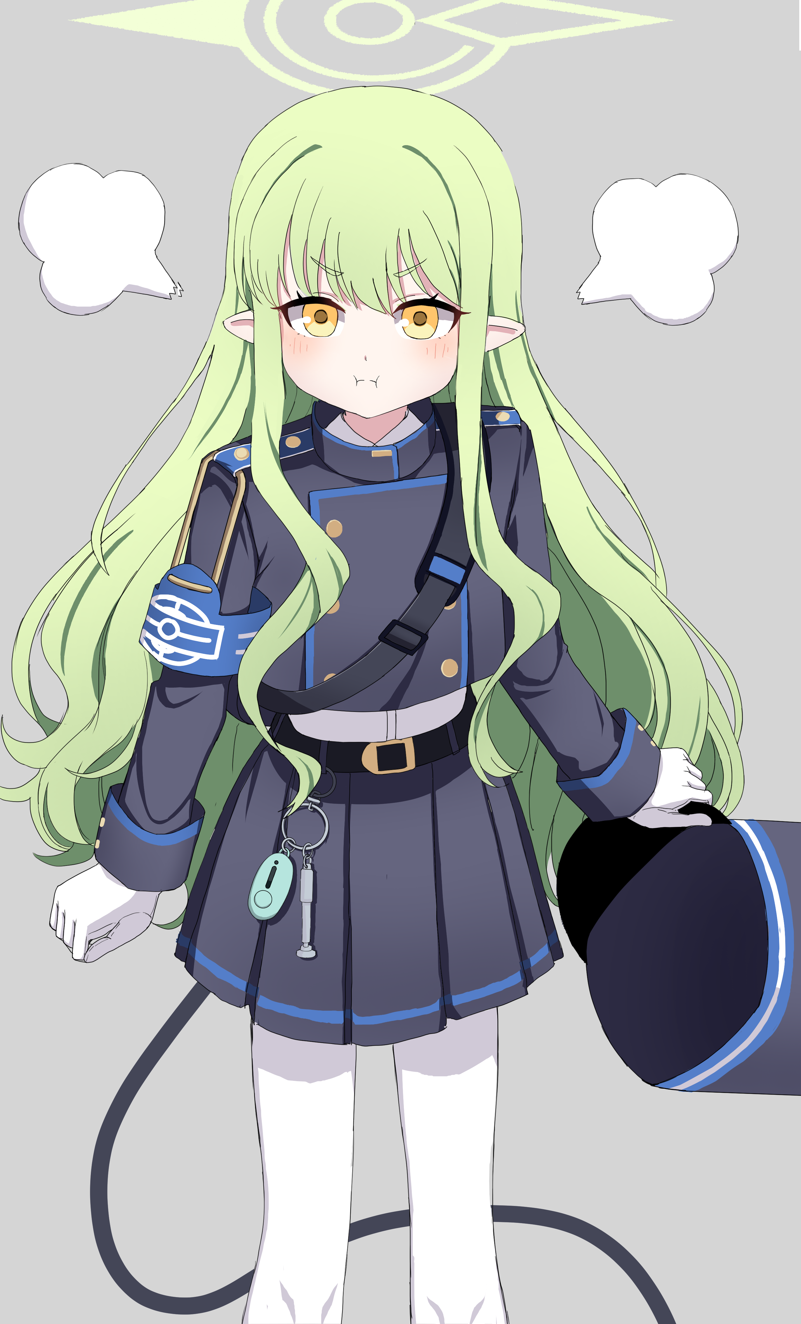 hikari (blue archive), blue archive, absurdres, commentary, highres, 1girl, angry, armband, belt, black belt, black hat, black jacket, black skirt, black tail, blue armband, blue trim, buttons, charm (object), collared shirt, cowboy shot, cropped jacket, demon tail, dot nose, double-breasted, from above, frown, gloves, green hair, green halo, grey background, hair between eyes, halo, hat, holding, holding unworn clothes, holding unworn hat, jacket, long hair, long sidelocks, long sleeves, looking at viewer, pantyhose, peaked cap, pleated skirt, pointy ears, puffy cheeks, ribera, shirt, sidelocks, simple background, skirt, solo, standing, tail, unworn hat, unworn headwear, v-shaped eyebrows, very long hair, white gloves, white pantyhose, white shirt, yellow eyes