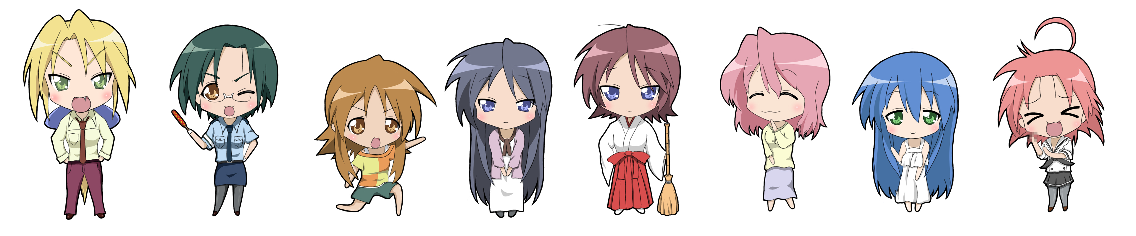 aokage, hiiragi inori, hiiragi matsuri, hiiragi miki, izumi kanata, kogami akira, kuroi nanako, narumi yui, takara yukari, lucky star, absurdres, highres, long image, wide image, 00s, 6+girls, chibi, mature female, multiple girls, pantyhose