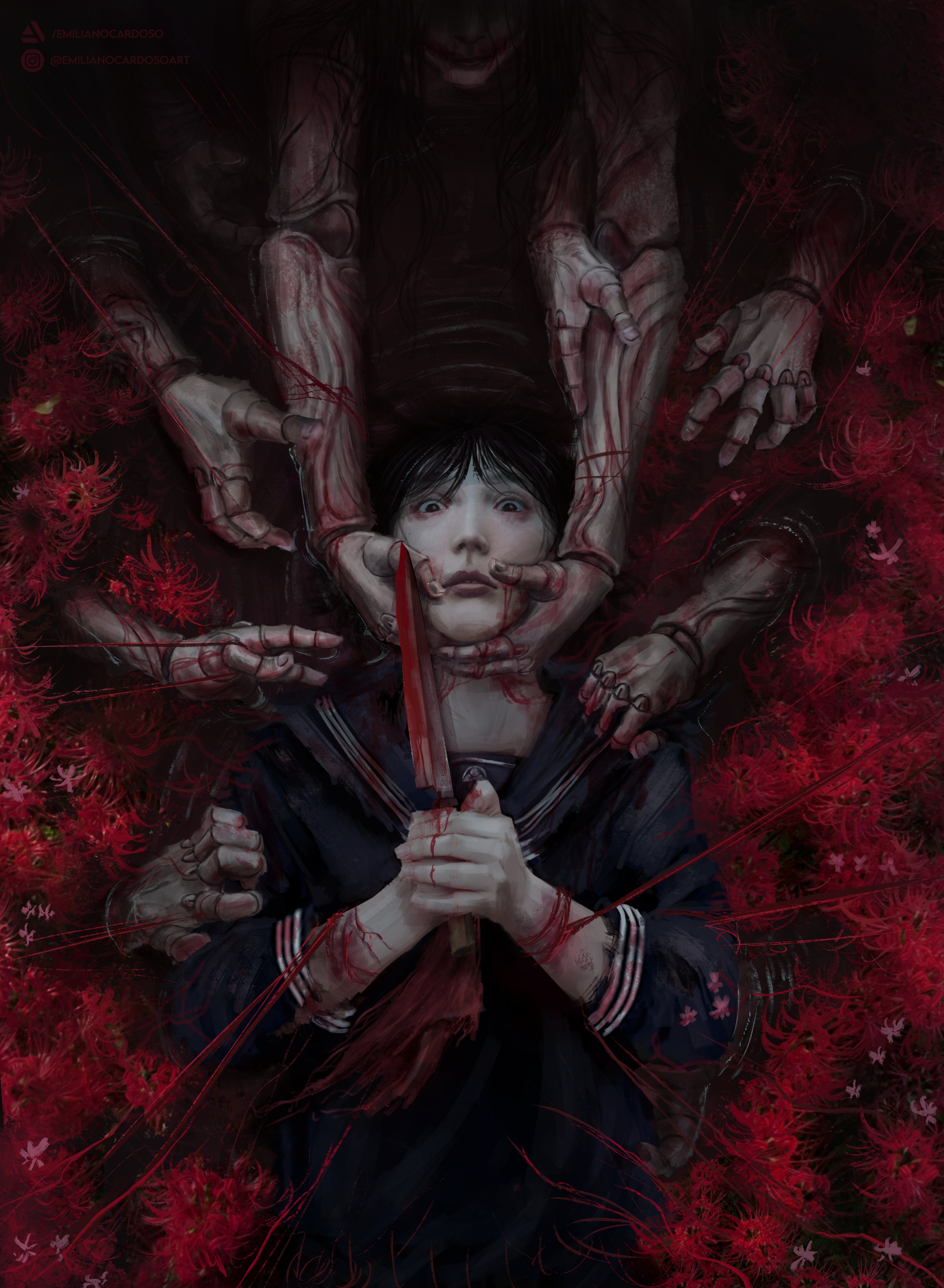 shimizu hinako, silent hill (series), silent hill f, absurdres, highres, 1girl, black hair, black sailor collar, black serafuku, black shirt, blood, blood on hands, bloody weapon, closed mouth, disembodied hand, emicardosoart, flower, hand on another's cheek, hand on another's face, holding, holding knife, horror (theme), knife, mannequin, monster, pale skin, red flower, sailor collar, school uniform, serafuku, shirt, spider lily, upper body, weapon