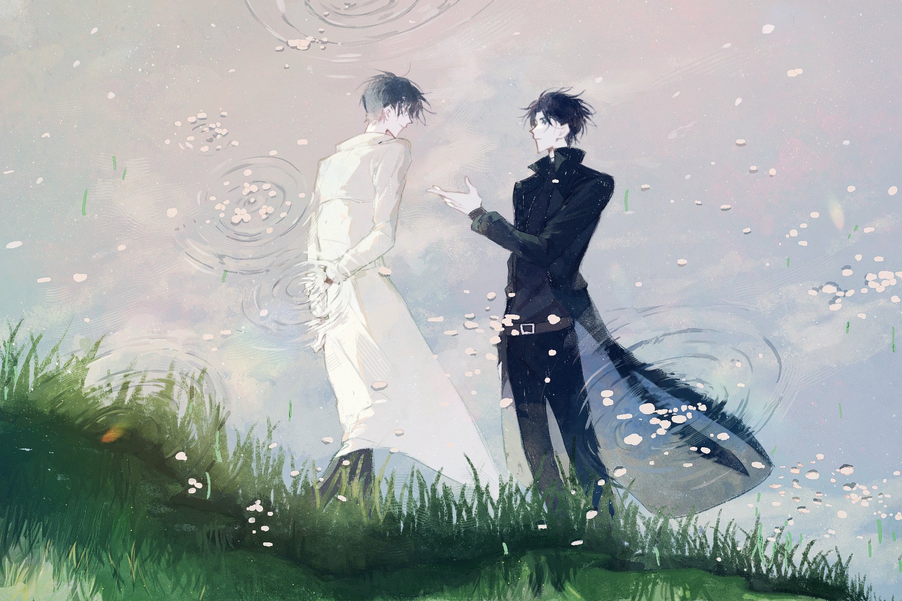 kim dokja, yoo joonghyuk, omniscient reader's viewpoint, highres, 2boys, arms behind back, black coat, black hair, breathing742105, coat, day, falling petals, full body, gloves, grass, looking at another, multiple boys, offering hand, open clothes, open coat, outdoors, petals, popped collar, ripples, short hair, white coat, white gloves