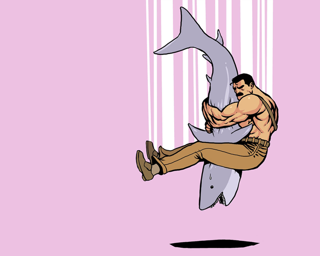 junkboy, mike haggar, capcom, final fight, street fighter, 1boy, black hair, epic, facial hair, hug, male focus, manly, muscular, mustache, pants, piledriver (wrestling), shark, shoes, short hair, solo, sweatdrop, topless male, what, wrestling