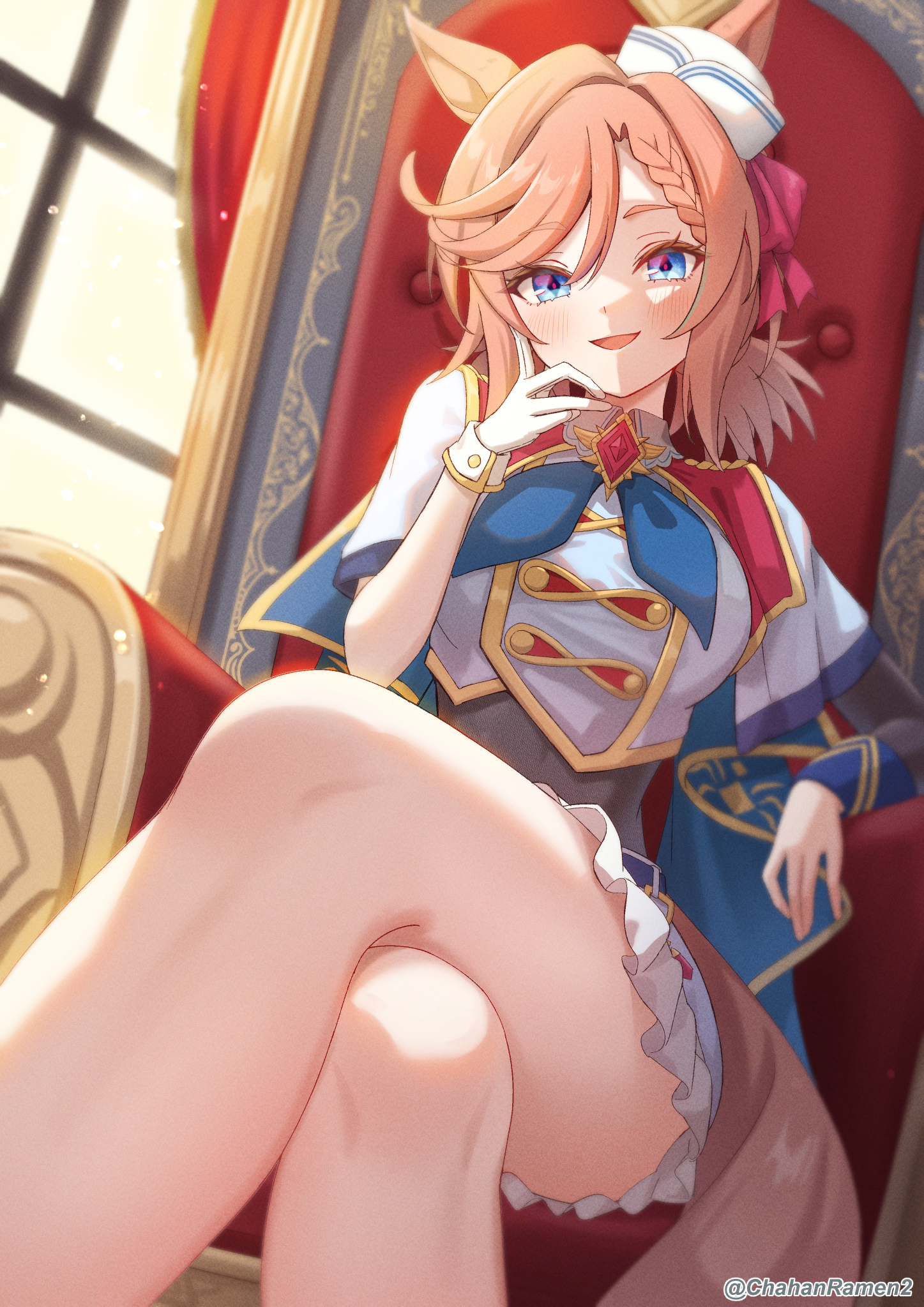 chahanramen, venus paques (umamusume), umamusume, commentary request, highres, revision, 1girl, animal ears, blue eyes, blue neckerchief, bodystocking, braid, braided bangs, brown hair, cowboy shot, crossed legs, diamond-shaped pupils, diamond (shape), dixie cup hat, ears through headwear, gloves, hair intakes, hat, horse ears, horse girl, horse tail, light particles, looking at viewer, military hat, mini hat, neckerchief, open mouth, shirt, single glove, sitting, sitting on throne, smile, solo, symbol-shaped pupils, tail, thighs, tilted headwear, white gloves, white hat, white shirt