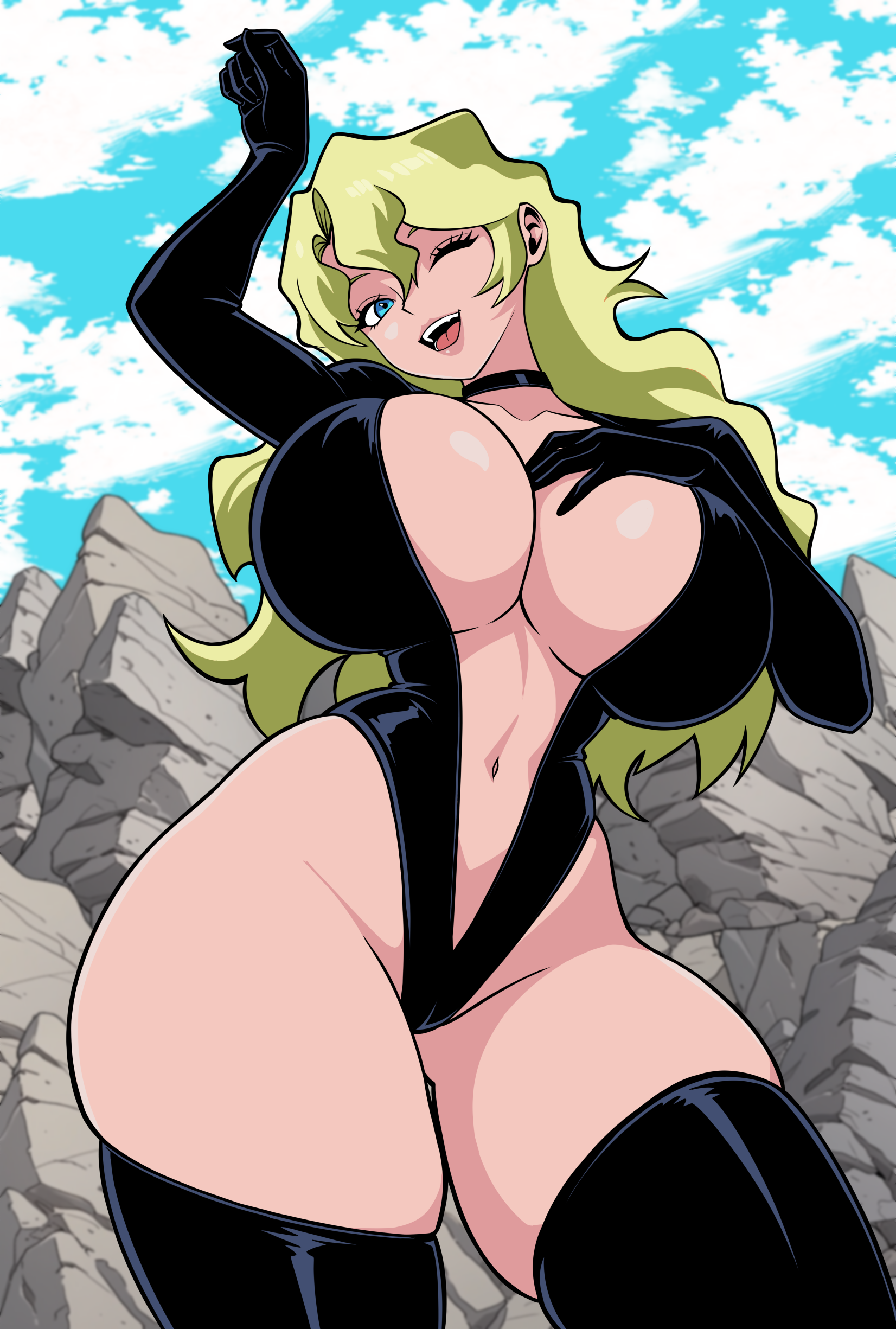 kiyoh bachika, tengen toppa gurren lagann, tengen toppa gurren lagann: parallel works, absurdres, highres, 1girl, black boots, black leotard, blonde hair, blue eyes, boots, breasts, cameltoe, center opening, choker, cowboy shot, dominatrix, highleg, highleg leotard, large breasts, leotard, long hair, revealing clothes, skin tight, solo