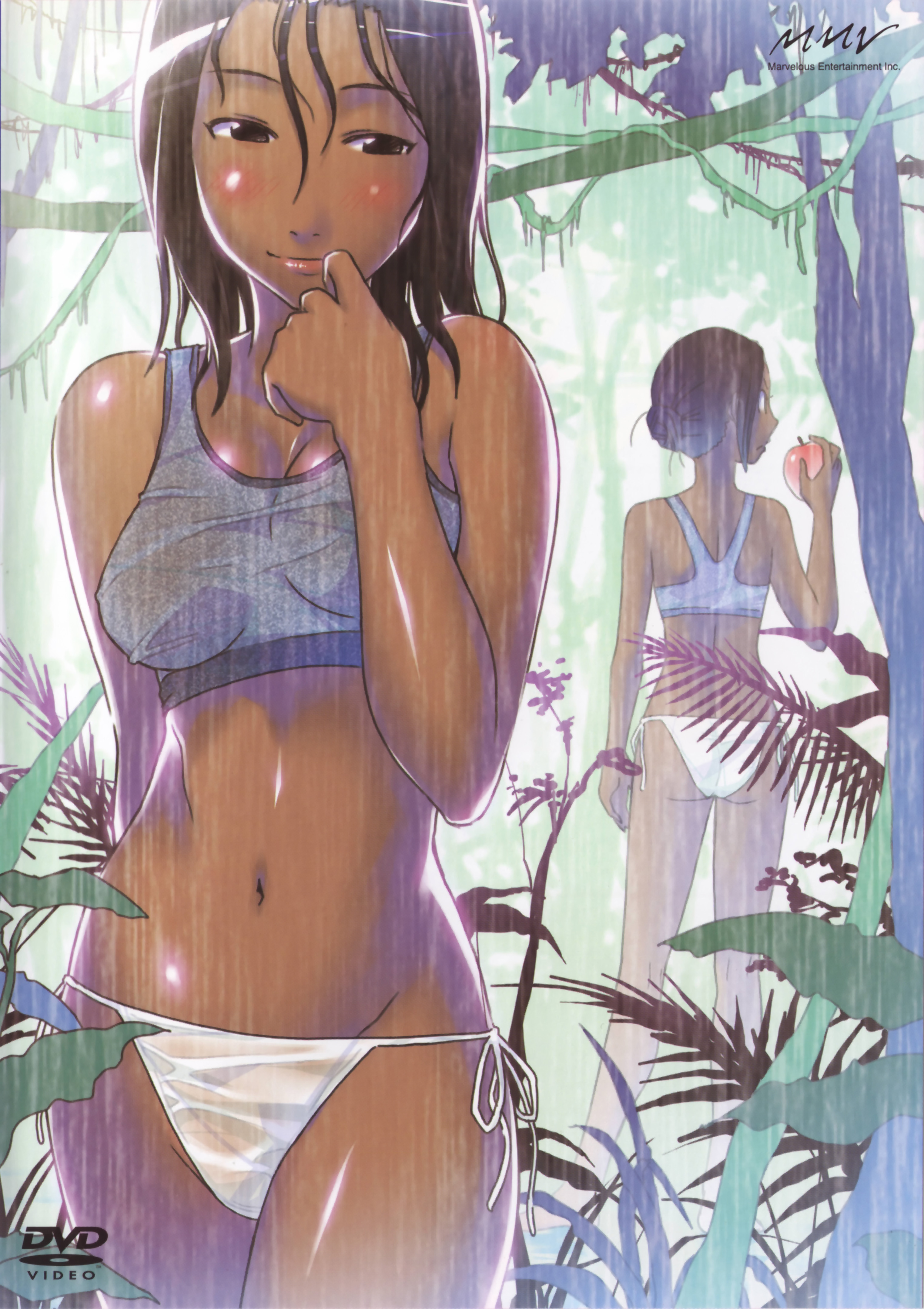 kenkou zenrakei suieibu umishou, absurdres, artist request, highres, 2girls, apple, ass, back, bikini, blush, bra, breasts, brown eyes, brown hair, cleavage, cover, dark-skinned female, dark skin, dvd cover, food, forest, fruit, lingerie, medium breasts, multiple girls, nature, navel, panties, rain, side-tie bikini bottom, side-tie panties, smile, swimsuit, tank top, underwear, underwear only, wet
