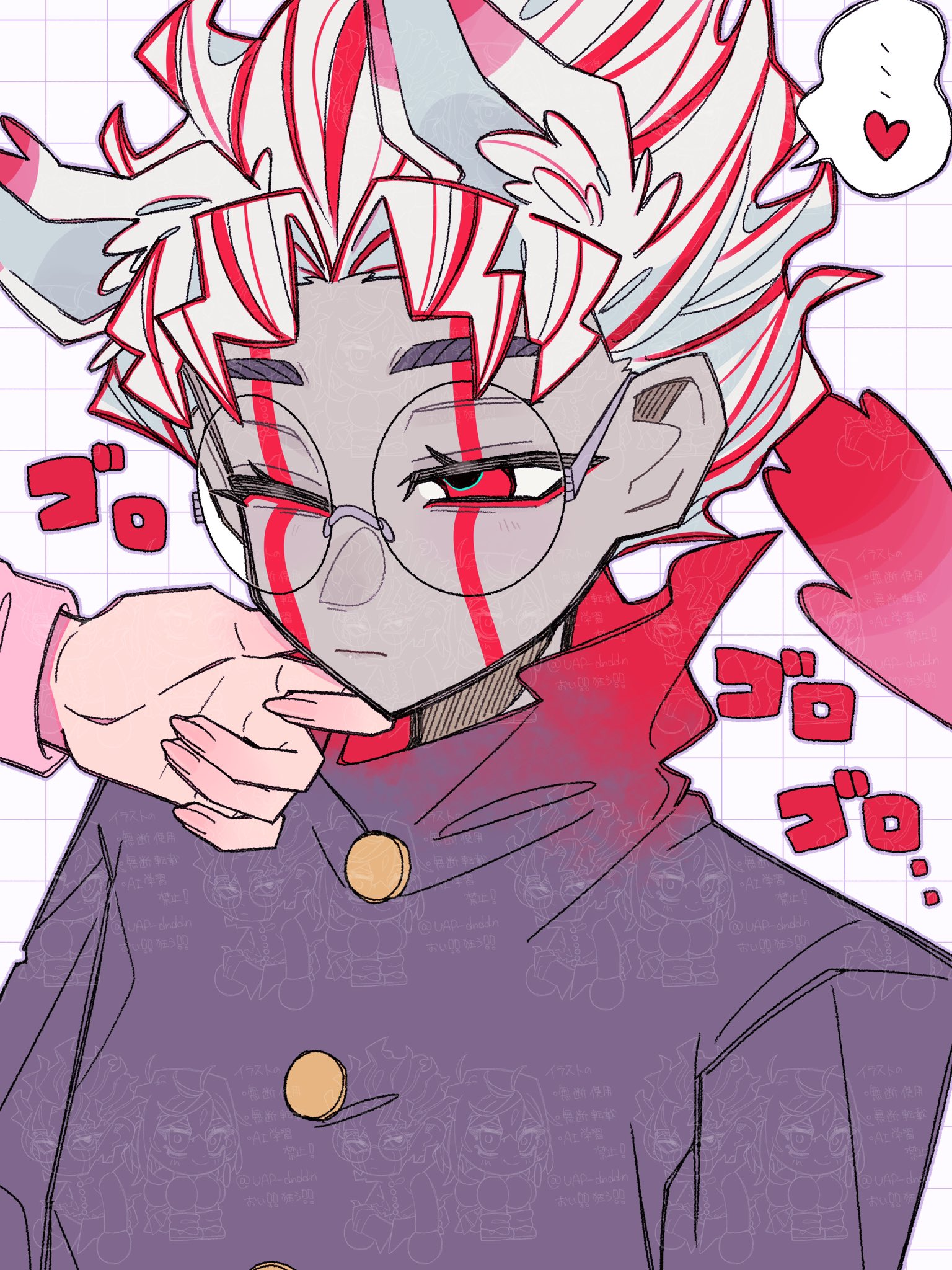 ayase momo, takakura ken (dandadan), takakura ken (transformed) (dandadan), dandadan, highres, …, 1boy, 1girl, animal ear fluff, animal ears, black jacket, couple, eyeliner, facial mark, gakuran, glasses, gold buttons, grid background, hand on another's chin, heart, hetero, jacket, kemonomimi mode, makeup, male focus, multicolored hair, one eye closed, parted bangs, pink sweater, red eyeliner, red eyes, red hair, round eyewear, school uniform, short hair, spoken ellipsis, spoken heart, streaked hair, sweater, tail, uap dnddn, upper body, wavy hair, white hair