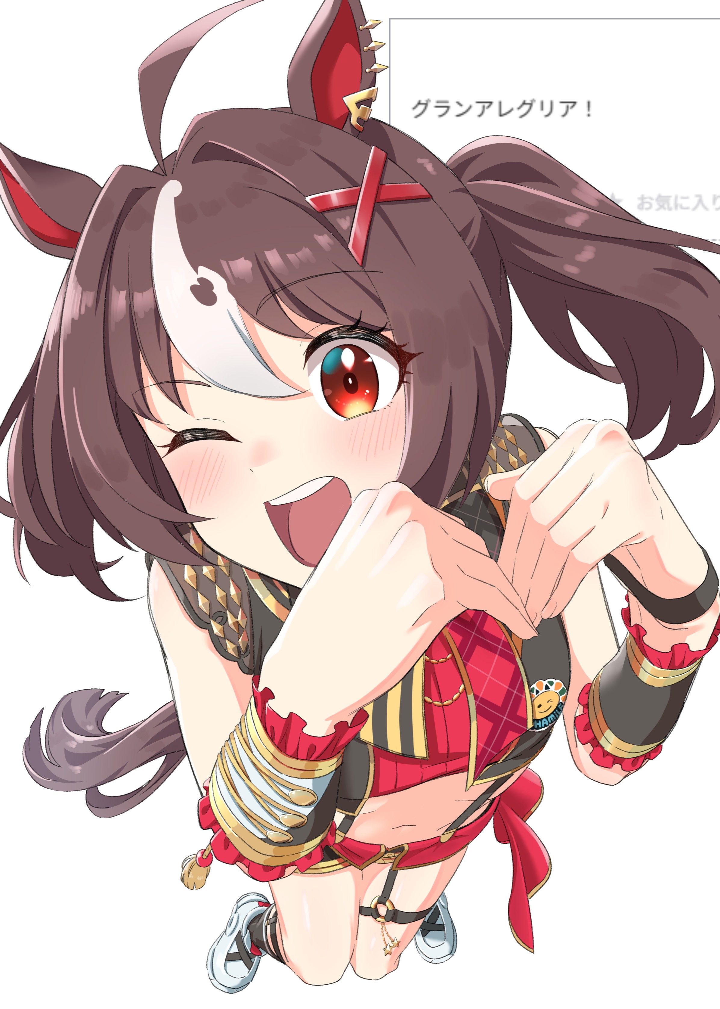 kazoku chicken, gran alegria (smile my way!) (umamusume), gran alegria (umamusume), umamusume, absurdres, highres, 1girl, ahoge, animal ears, black socks, blush, breasts, brown eyes, brown hair, crop top, cropped shirt, ear ornament, frilled wristband, full body, hair between eyes, hair ornament, heart arms, horse ears, horse girl, horse tail, looking at viewer, medium hair, midriff, multicolored hair, navel, one eye closed, open mouth, red eyes, red shirt, red shorts, shirt, shoes, shorts, simple background, smile, socks, solo, streaked hair, suspender shorts, suspenders, tail, teeth, upper teeth only, white background, white hair, x hair ornament