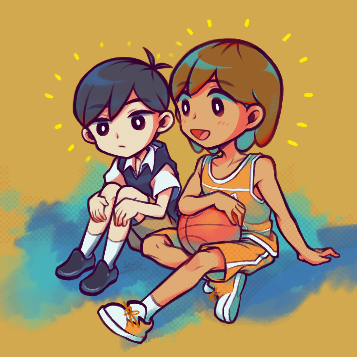 laser-lance, kel (faraway) (omori), kel (omori), sunny (omori), omori, highres, 2boys, antenna hair, arm support, ball, basketball (object), black eyes, black hair, black shoes, black sweater vest, blush, bright pupils, brown hair, brown shorts, closed mouth, collarbone, collared shirt, dark-skinned male, dark skin, double-parted bangs, hair between eyes, knees up, male focus, multiple boys, open mouth, orange shoes, orange shorts, shirt, shoes, short hair, short sleeves, shorts, sitting, smile, sneakers, socks, sweater vest, white pupils, white shirt, white socks