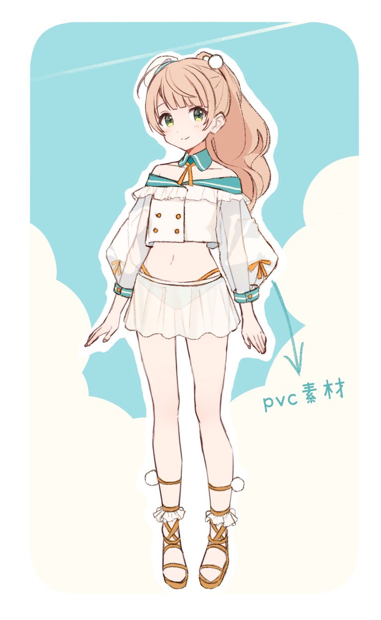 sabumirinaru, shigure ui (vtuber), indie virtual youtuber, commentary request, highres, 1girl, alternate costume, alternate hair length, alternate hairstyle, aqua hair, arms at sides, bare shoulders, beret, bikini, bikini under clothes, blush, brown hair, buttons, closed mouth, design speculation, detached collar, double-breasted, full body, gladiator sandals, green bikini, green eyes, hair ornament, hat, long hair, long sleeves, midriff, mini hat, miniskirt, multi-strapped bikini bottom, navel, neck ribbon, off-shoulder shirt, off shoulder, pom pom (clothes), pom pom hair ornament, puffy long sleeves, puffy sleeves, ribbon, sandals, see-through clothes, see-through skirt, see-through sleeves, shirt, side part, skirt, smile, solo, swimsuit, tachi-e, tilted headwear, virtual youtuber, white hat, white shirt, white skirt, wide ponytail