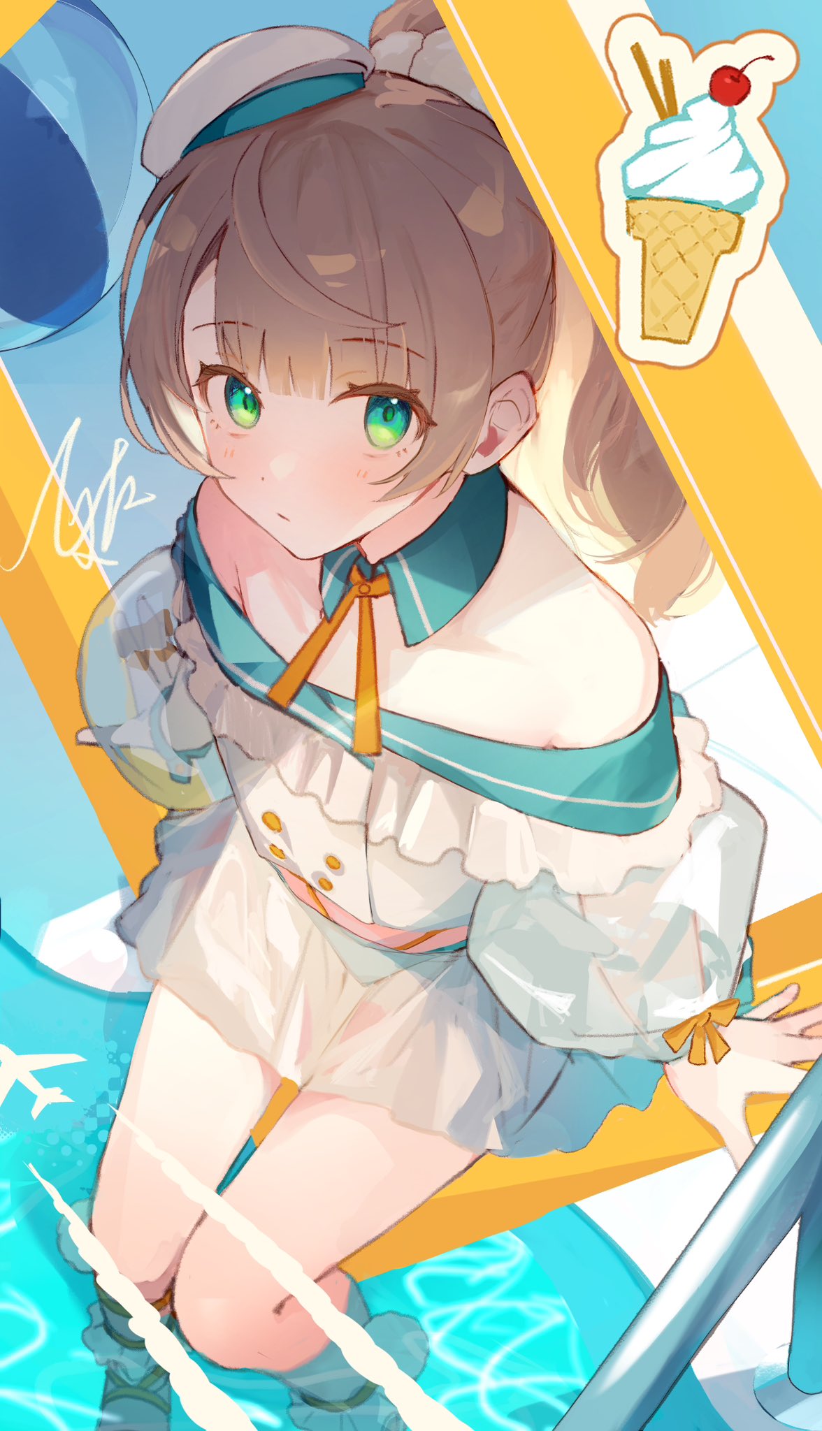 sabumirinaru, shigure ui (vtuber), indie virtual youtuber, hashtag-only commentary, highres, 1girl, alternate costume, alternate hair length, alternate hairstyle, aqua hair, arm support, beret, bikini, bikini under clothes, blonde hair, blunt bangs, blush, breasts, brown hair, buttons, closed mouth, detached collar, double-breasted, from above, gladiator sandals, green bikini, green eyes, hair ornament, hat, long hair, long sleeves, mini hat, miniskirt, multi-strapped bikini bottom, neck ribbon, off-shoulder shirt, off shoulder, pom pom (clothes), pom pom hair ornament, pool, poolside, puffy long sleeves, puffy sleeves, ribbon, sandals, see-through clothes, see-through skirt, see-through sleeves, shirt, side part, skirt, small breasts, soaking feet, solo, surprised, swimsuit, tilted headwear, virtual youtuber, white hat, white shirt, white skirt, wide ponytail