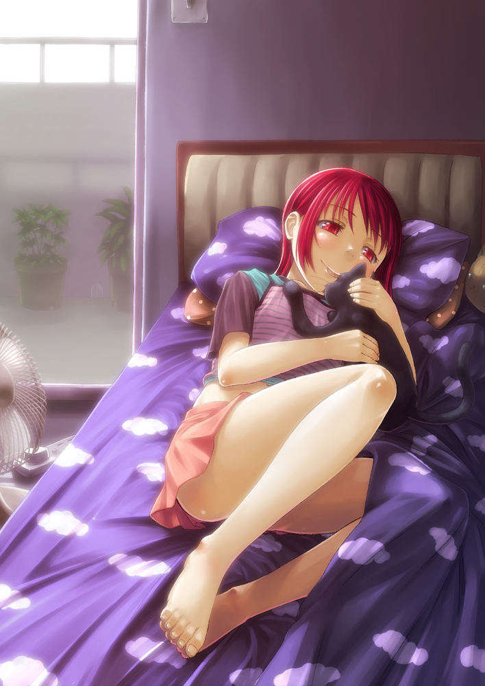 ardnades, original, 1girl, :p, animal, barefoot, bed, blush, cat, feet, female focus, foot focus, hug, indoors, legs, lying, plant, red eyes, red hair, short hair, skirt, smile, solo, toes, tongue, tongue out, window