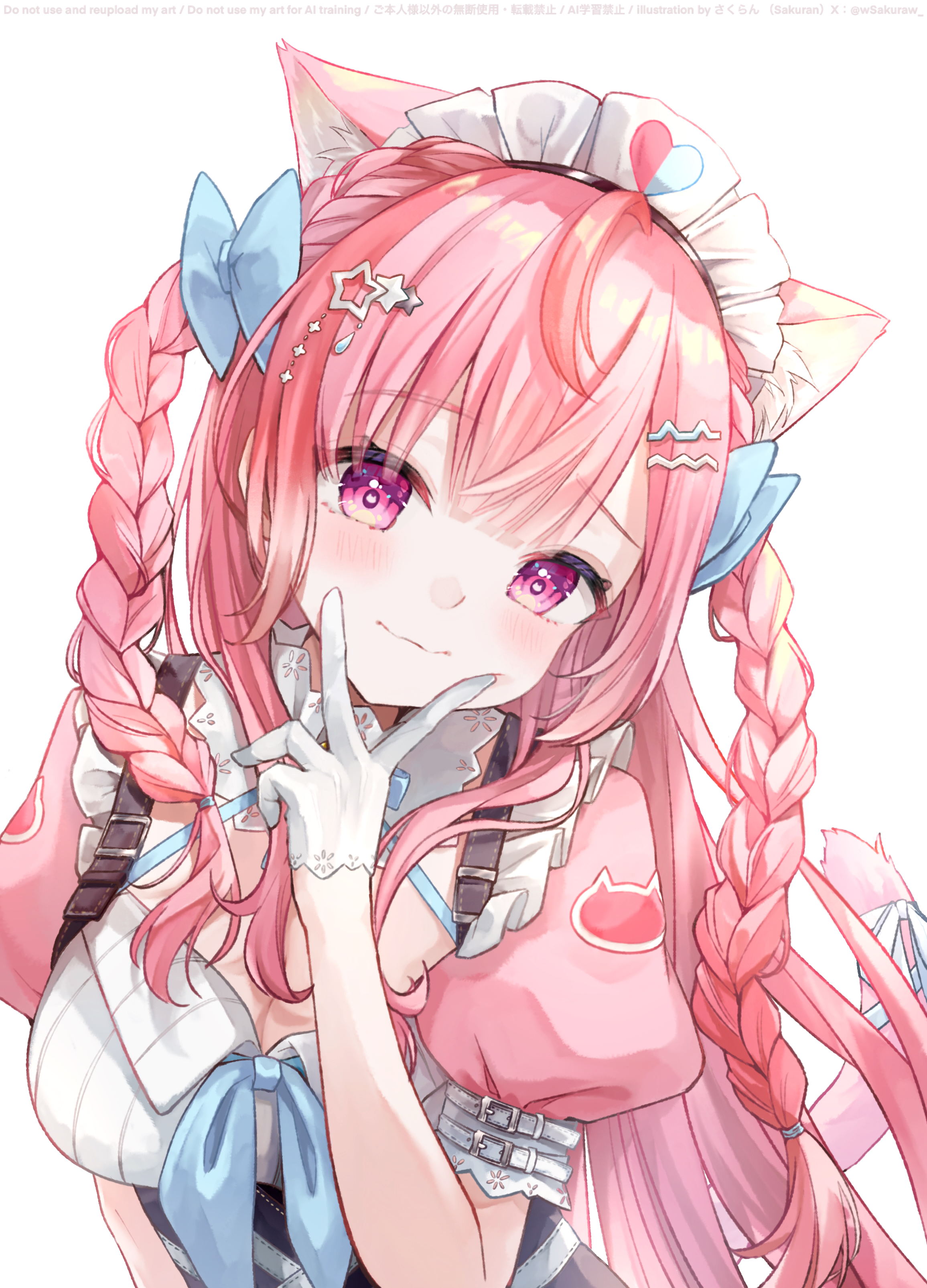 wsakuraw, yuuki sakuna, indie virtual youtuber, absurdres, highres, 1girl, ahoge, animal ears, arm belt, artist name, belt, black skirt, blue bow, blue ribbon, blush, bow, braid, breasts, cat ears, cat girl, cat tail, cleavage, cleavage cutout, closed mouth, clothing cutout, dress, english text, extra ears, gloves, hair bow, hair ornament, hairclip, heart, heart print, large breasts, long hair, looking at viewer, maid, maid headdress, neck ribbon, pink dress, pink eyes, pink hair, pink tail, ribbon, short sleeves, simple background, skirt, smile, solo, star (symbol), star hair ornament, suspender skirt, suspenders, tail, tail ornament, tail ribbon, two side up, upper body, v, virtual youtuber, white background, white belt, white gloves, white ribbon