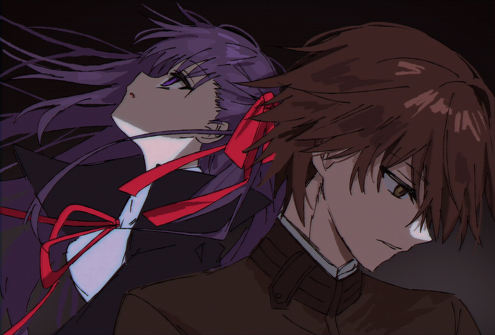 bb (fate), bb (fate/extra), kishinami hakuno (male), fate/extra, fate/extra ccc, fate (series), highres, 1boy, 1girl, brown eyes, brown hair, brown jacket, floating hair, gakuran, hair ribbon, jacket, long hair, looking down, looking up, neck ribbon, profile, purple hair, red ribbon, ribbon, school uniform, short hair, simple background, syst098, upper body