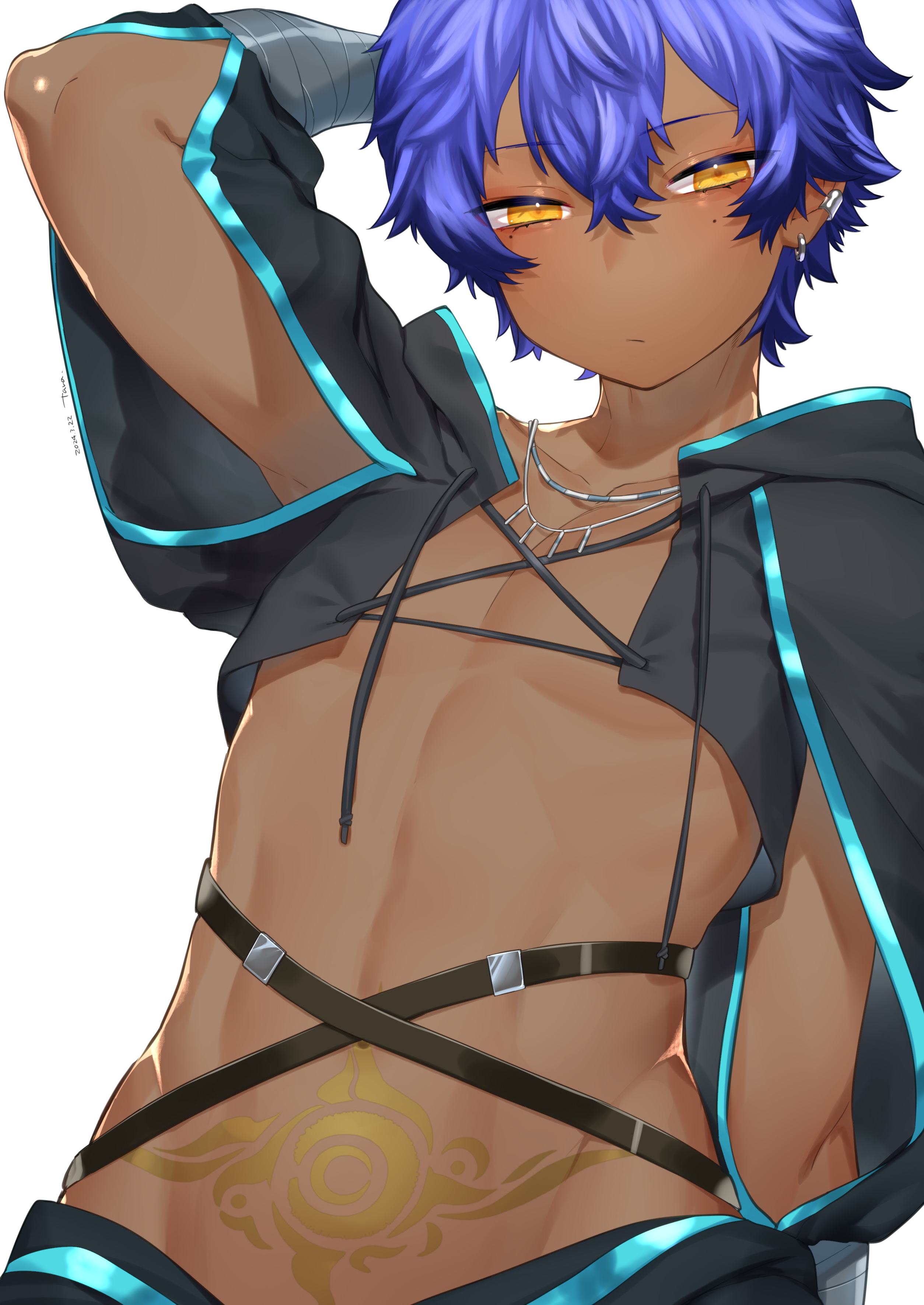 tawapo, hassan of the shining star (fate), fate/grand order, fate (series), absurdres, highres, 1boy, arm behind head, arm up, blue hair, blue trim, dark-skinned male, dark skin, earrings, jewelry, lace, necklace, pectorals, pubic tattoo, solo, strap, tan, tattoo, upper body, white background, yellow eyes
