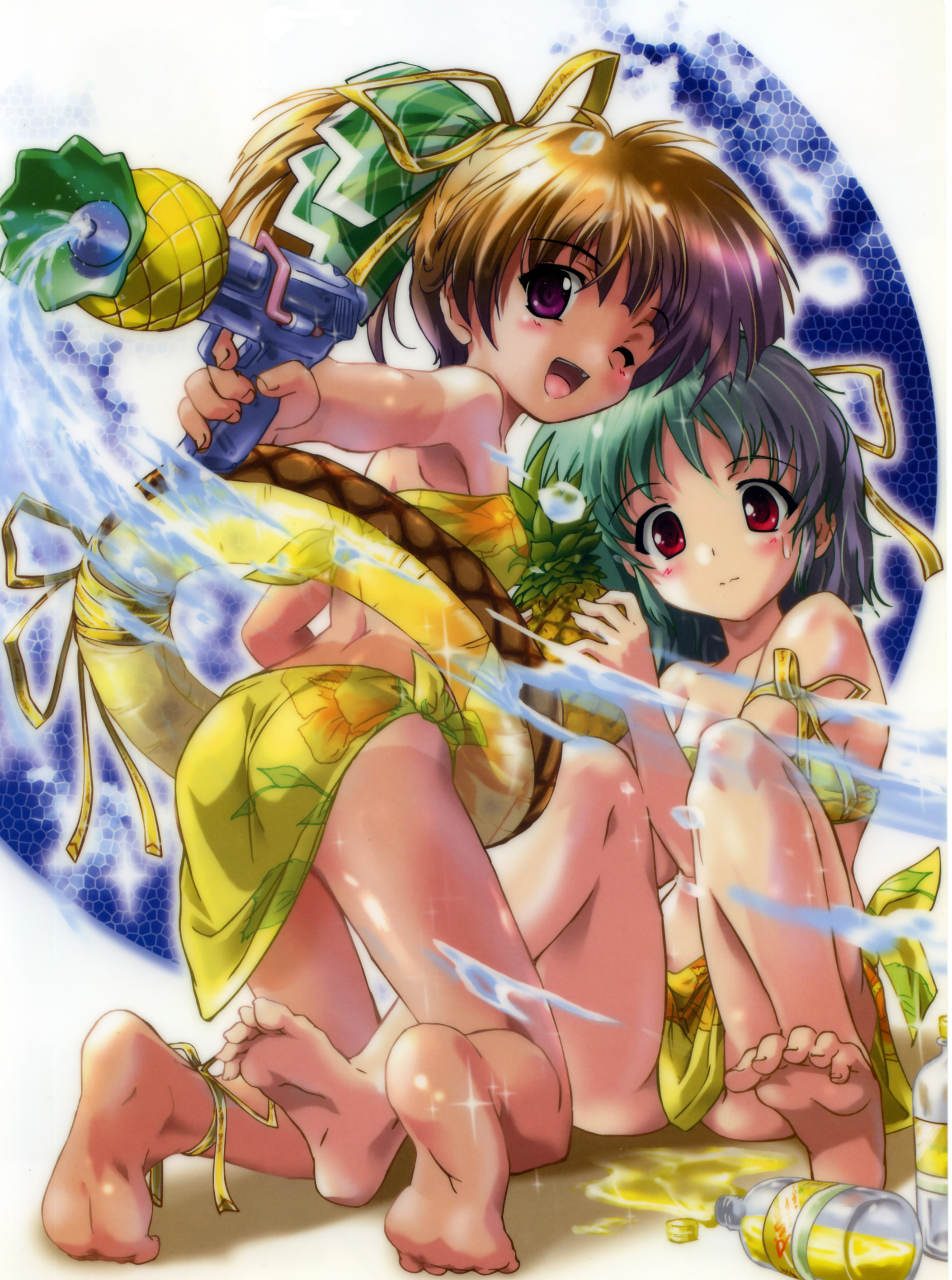 komatsu eiji, aoi umi no tristia, absurdres, highres, 00s, barefoot, bikini, brown hair, feet, green hair, purple eyes, red eyes, soles, swimsuit, tankini, toe scrunch, toes