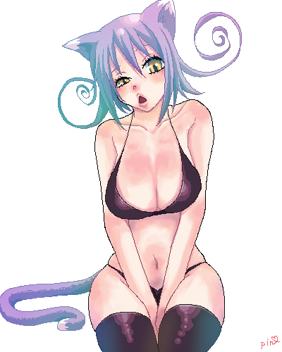 blair (soul eater), soul eater, lowres, 00s, animal ears, bikini, bikini top only, black bikini, breasts, cat ears, cat tail, curvy, large breasts, oekaki, panties, pin, purple hair, solo, swimsuit, tail, thighhighs, thong, underwear, yellow eyes