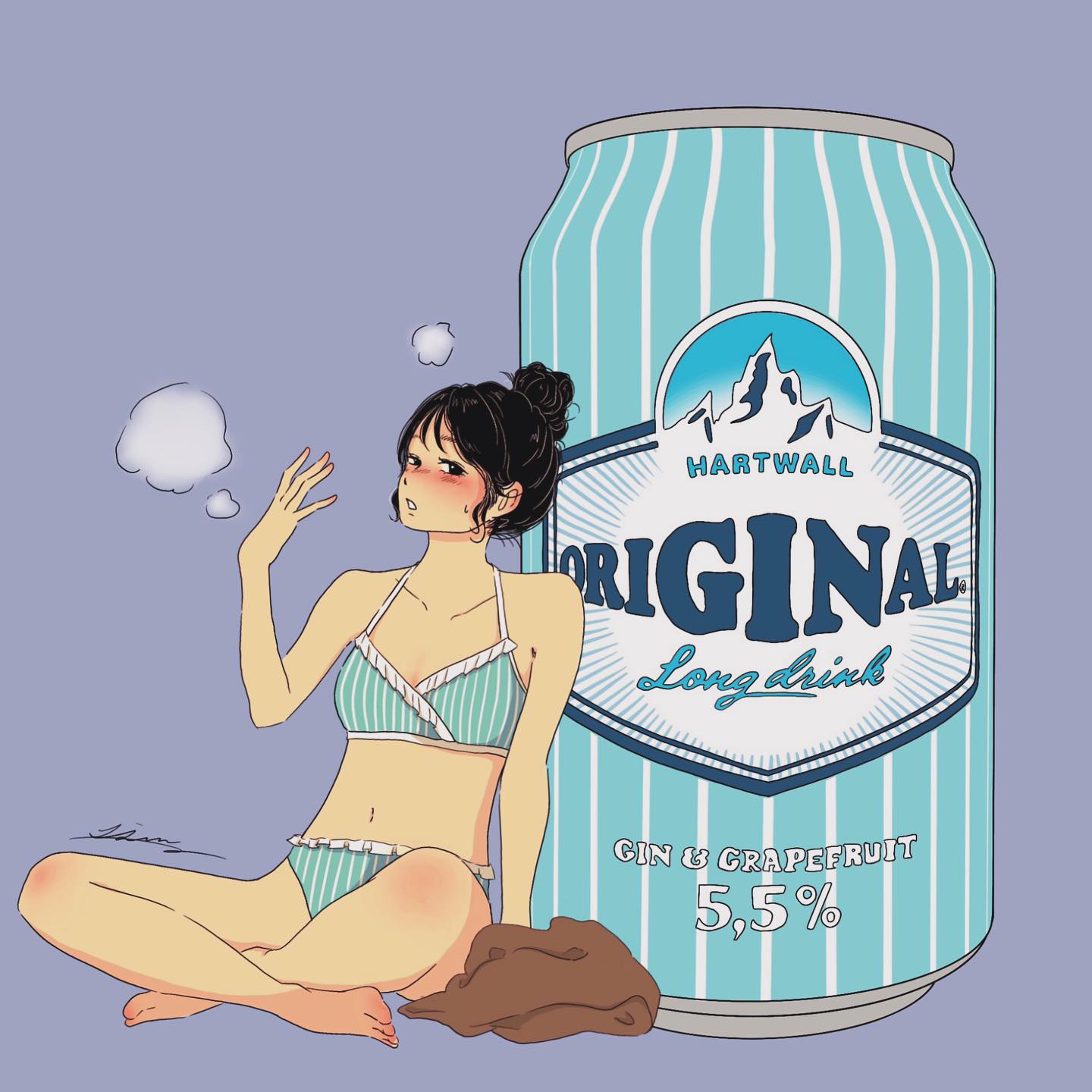 lisa (illustsan430), original, commentary request, highres, procreate (medium), 1girl, arm support, armpit crease, artist name, barefoot, bikini, black eyes, black hair, blush, breasts, can, cleavage, collarbone, drink can, frilled bikini, frills, full body, green bikini, hair bun, hand up, hartwall, hot, indian style, logo, looking at viewer, navel, nose blush, open mouth, oversized object, purple background, short hair, sidelocks, sideways glance, signature, simple background, single hair bun, sitting, small breasts, solo, steam, stomach, striped bikini, striped clothes, sweat, swimsuit, turning head, unworn clothes, vertical-striped bikini, vertical-striped clothes
