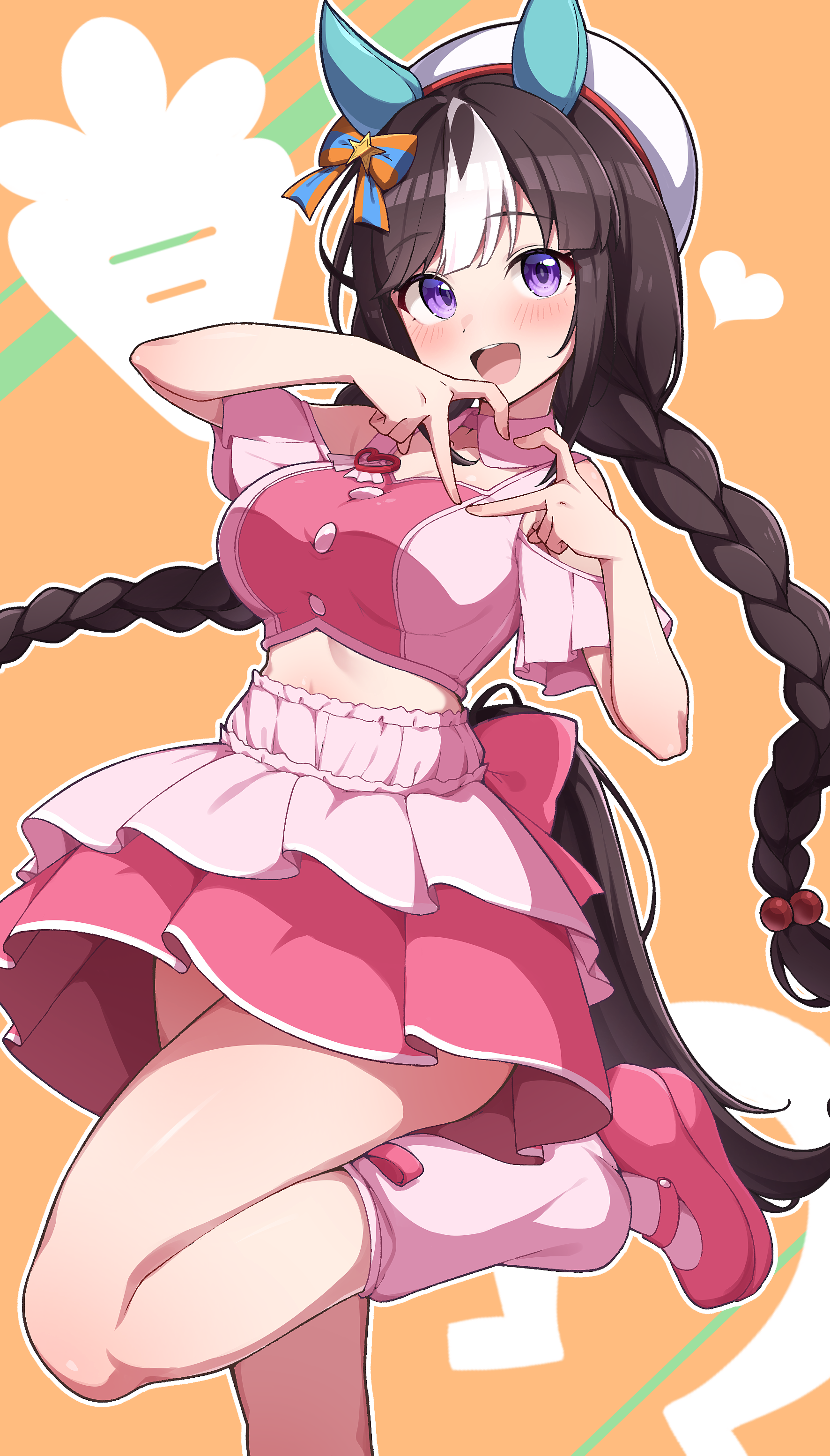mujin (mujinzairaisen), hokko tarumae (umamusume), umamusume, absurdres, highres, 1girl, animal ears, beret, blush, bow, braid, breasts, brown hair, carrot, clothing cutout, cropped shirt, detached collar, ear bow, ear covers, ear ribbon, hair ornament, hat, heart, heart hands, horse ears, horse girl, horse tail, large breasts, layered skirt, long braid, long hair, looking at viewer, loose socks, meni shuki rush-sshu!, midriff, multicolored hair, open mouth, pink shirt, pink shoes, pink skirt, pink socks, purple eyes, shirt, shoes, shoulder cutout, skirt, smile, socks, solo, streaked hair, tail, twin braids, white hair, white hat