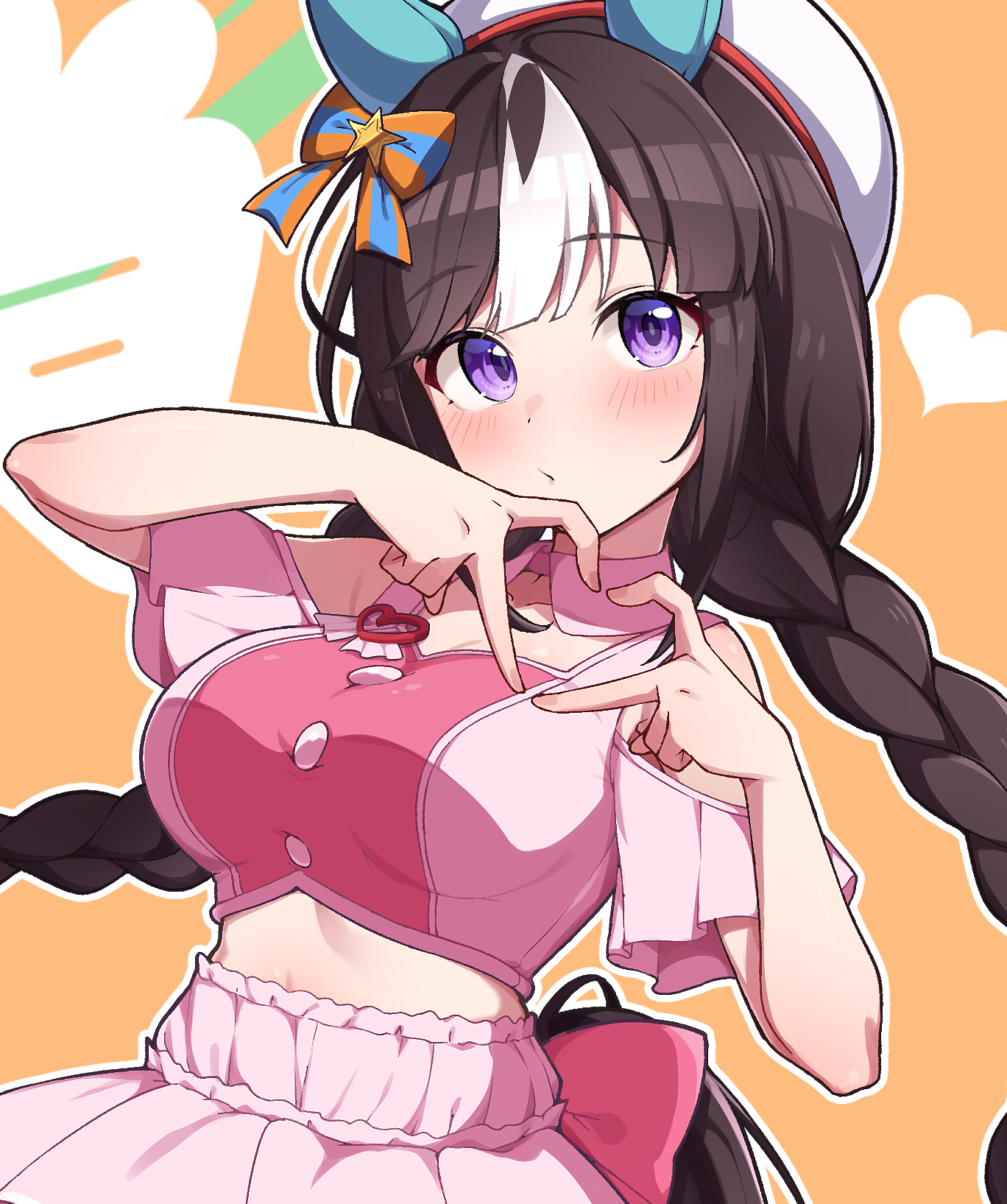 mujin (mujinzairaisen), hokko tarumae (umamusume), umamusume, highres, 1girl, animal ears, beret, blush, bow, braid, breasts, brown hair, carrot, closed mouth, clothing cutout, cropped shirt, detached collar, ear covers, ear ornament, ear ribbon, hair ornament, hat, heart, heart hands, horse ears, horse girl, horse tail, large breasts, long braid, long hair, looking at viewer, meni shuki rush-sshu!, midriff, multicolored hair, pink shirt, pink skirt, purple eyes, shirt, shoulder cutout, skirt, smile, solo, striped bow, striped hair, tail, twin braids, upper body, white hair, white hat