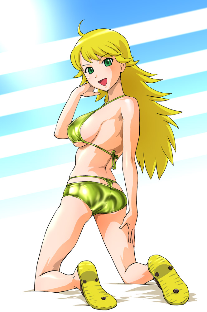 ueyama michirou, hoshii miki, idolmaster, idolmaster (classic), idolmaster 1, 00s, 1girl, ahoge, ass, bikini, blonde hair, breasts, female focus, flip-flops, green eyes, kneeling, large breasts, long hair, looking back, sandals, short shorts, shorts, solo, swimsuit, thong bikini, whale tail (clothing), yellow bikini