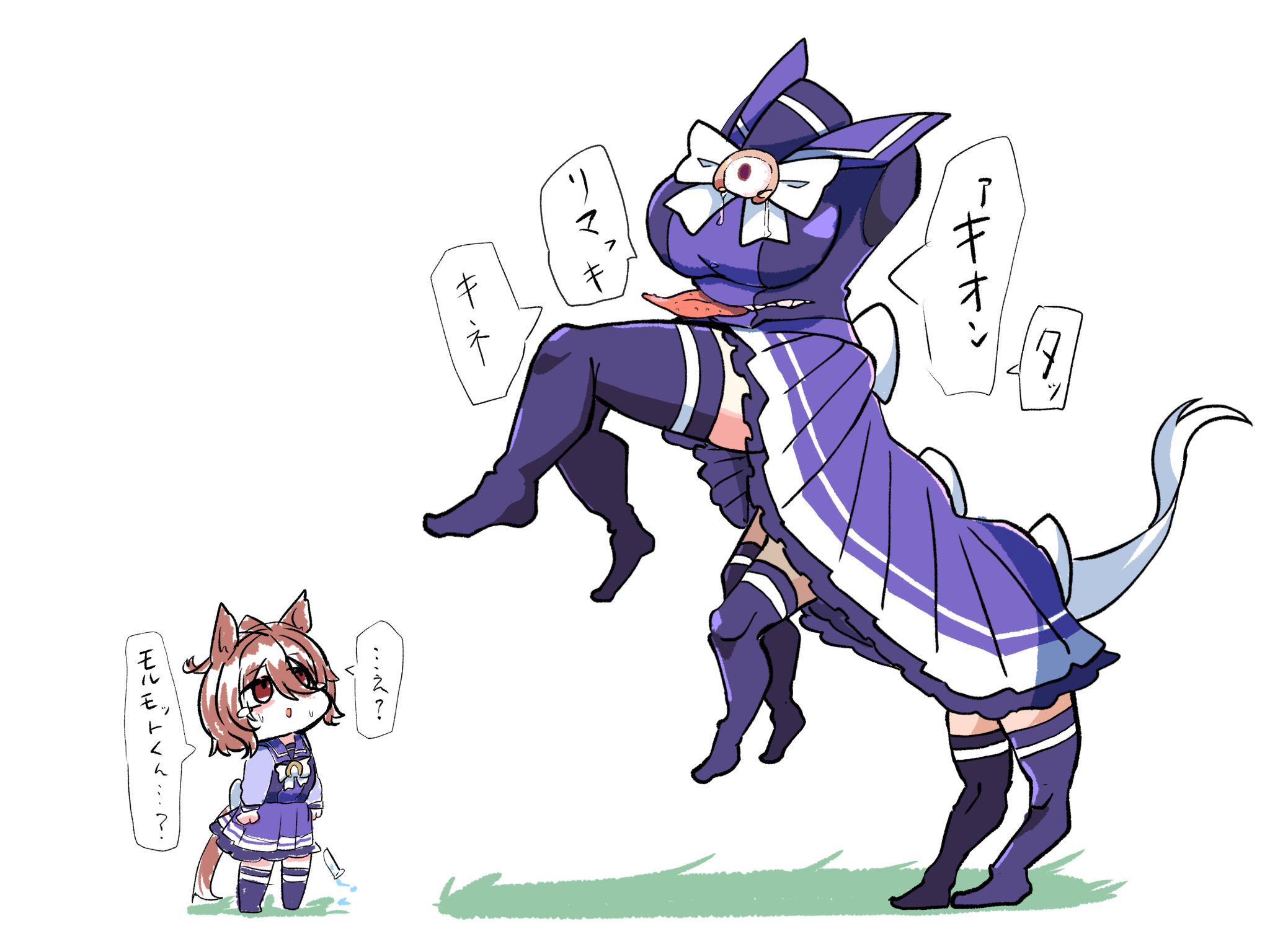 kawamochi (tddm3573), agnes tachyon (umamusume), umamusume, highres, translation request, 1girl, ahoge, animal ears, bow, breasts, brown eyes, brown hair, eldritch abomination, hair between eyes, horse ears, horse girl, horse tail, large breasts, long sleeves, multiple legs, no shoes, parted lips, pleated skirt, puffy long sleeves, puffy sleeves, purple shirt, purple skirt, purple thighhighs, rearing, school uniform, shirt, skirt, standing, tail, tears, thighhighs, tongue, tongue out, tracen school uniform, vial, white background, white bow
