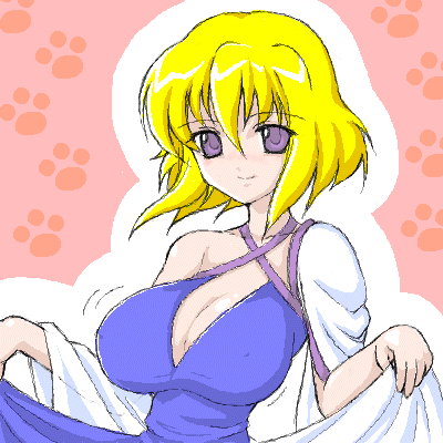 miyata gakuman, stellar loussier, gundam, gundam seed, gundam seed destiny, lowres, 00s, 1girl, blonde hair, breasts, cleavage, dress, female focus, huge breasts, looking at viewer, motion lines, purple eyes, short hair, smile, solo