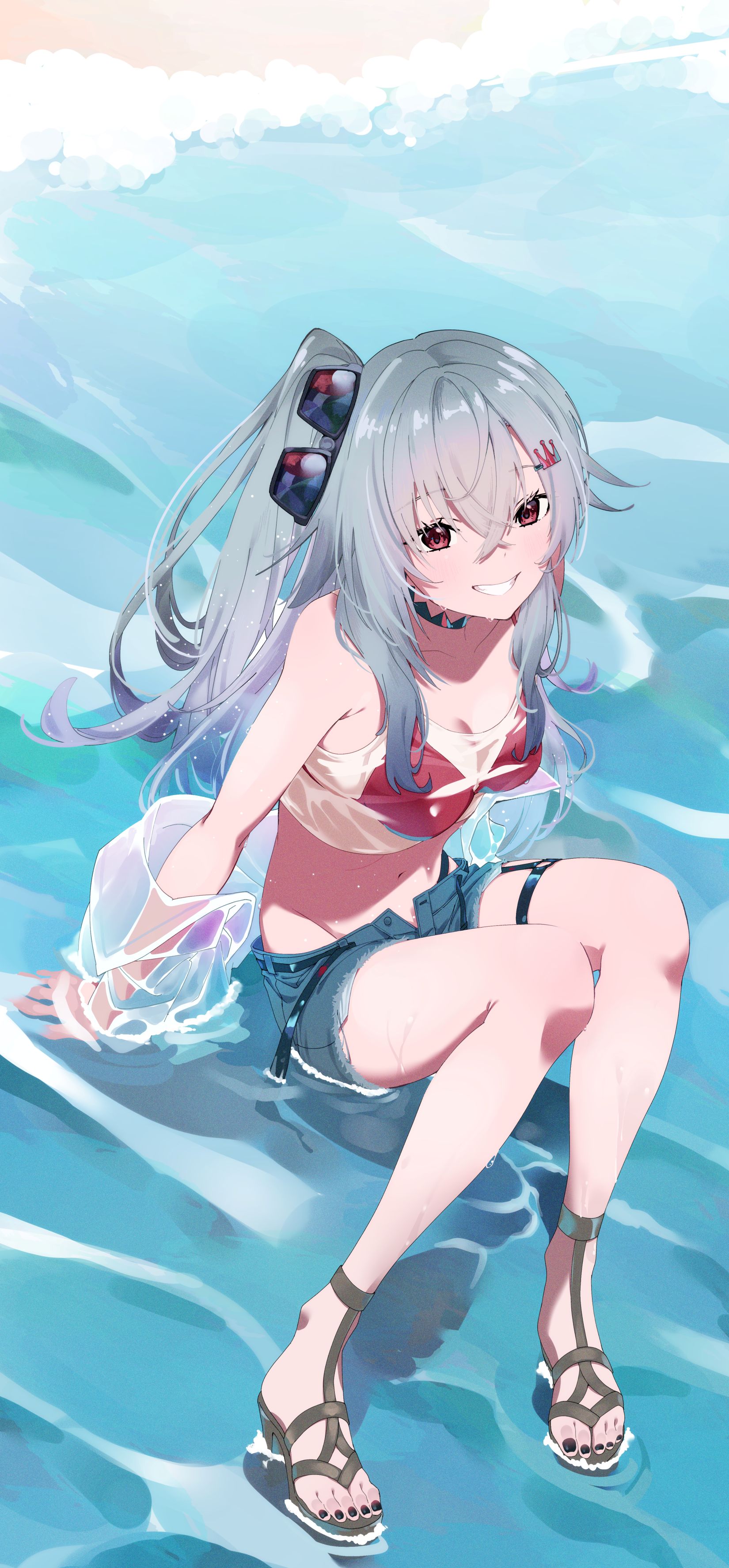 nashino (nashitsubu), isaki riona, isaki riona (holonatsu paradise), hololive, hololive dev is, absurdres, commentary, highres, 1girl, beach, bikini, bikini top only, bikini under clothes, black nails, blue shorts, breasts, cleavage, crossed bangs, day, double-parted bangs, full body, grey hair, grin, hair between eyes, hair ornament, hairclip, jacket, jacket partially removed, knees up, long hair, looking at viewer, medium breasts, nail polish, navel, one side up, open fly, outdoors, red bikini, red eyes, sandals, see-through clothes, see-through jacket, see-through tank top, short shorts, shorts, sidelocks, sitting, smile, solo, sunglasses, swimsuit, tank top, toenail polish, toenails, virtual youtuber, white tank top
