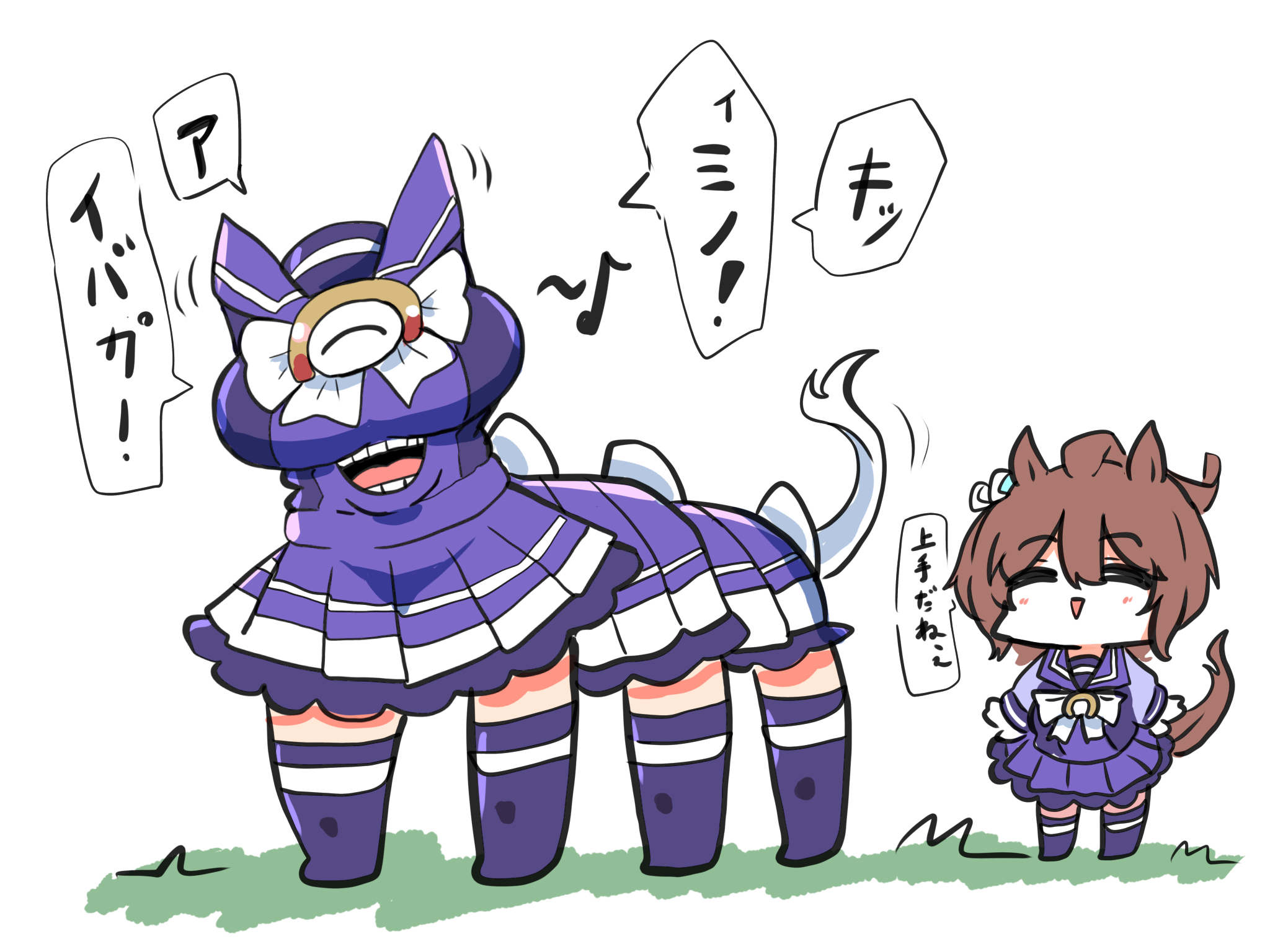 kawamochi (tddm3573), agnes tachyon (umamusume), umamusume, highres, translation request, 1girl, :>, ^ ^, ahoge, animal ears, bow, breasts, brown hair, closed eyes, eighth note, eldritch abomination, hair between eyes, horse ears, horse girl, horse tail, large breasts, multiple legs, musical note, no shoes, open mouth, parted lips, pleated skirt, purple shirt, purple skirt, purple thighhighs, school uniform, shirt, skirt, smile, tail, thighhighs, tracen school uniform, triangle mouth, white background, white bow