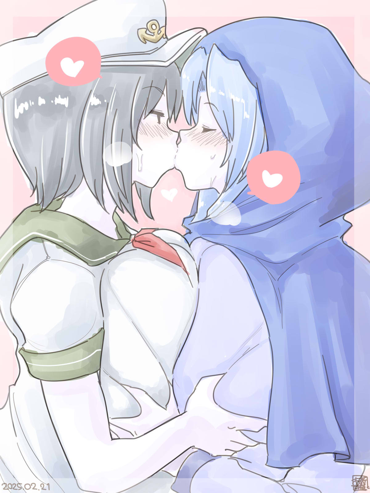 itini-sanshi, flour (cookie), kumoi ichirin, milk (cookie), murasa minamitsu, cookie (touhou), touhou, commentary request, highres, 2girls, black eyes, black hair, blue hood, breasts, closed eyes, colored skin, dated, grabbing another's breast, green sailor collar, groping, hat, heart, huge breasts, kiss, multiple girls, pink background, sailor collar, shirt, short hair, short sleeves, spoken heart, upper body, white hat, white shirt, white skin, yuri