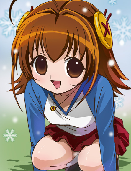 haruyama kazunori, saga bergman, chicchana yukitsukai sugar, 00s, 1girl, ahoge, brown eyes, brown hair, female focus, gradient background, hair ornament, hairclip, jewelry, kneeling, necklace, outdoors, panties, pantyshot, raglan sleeves, short hair, skirt, sky, smile, snow, socks, solo, underwear, v-neck