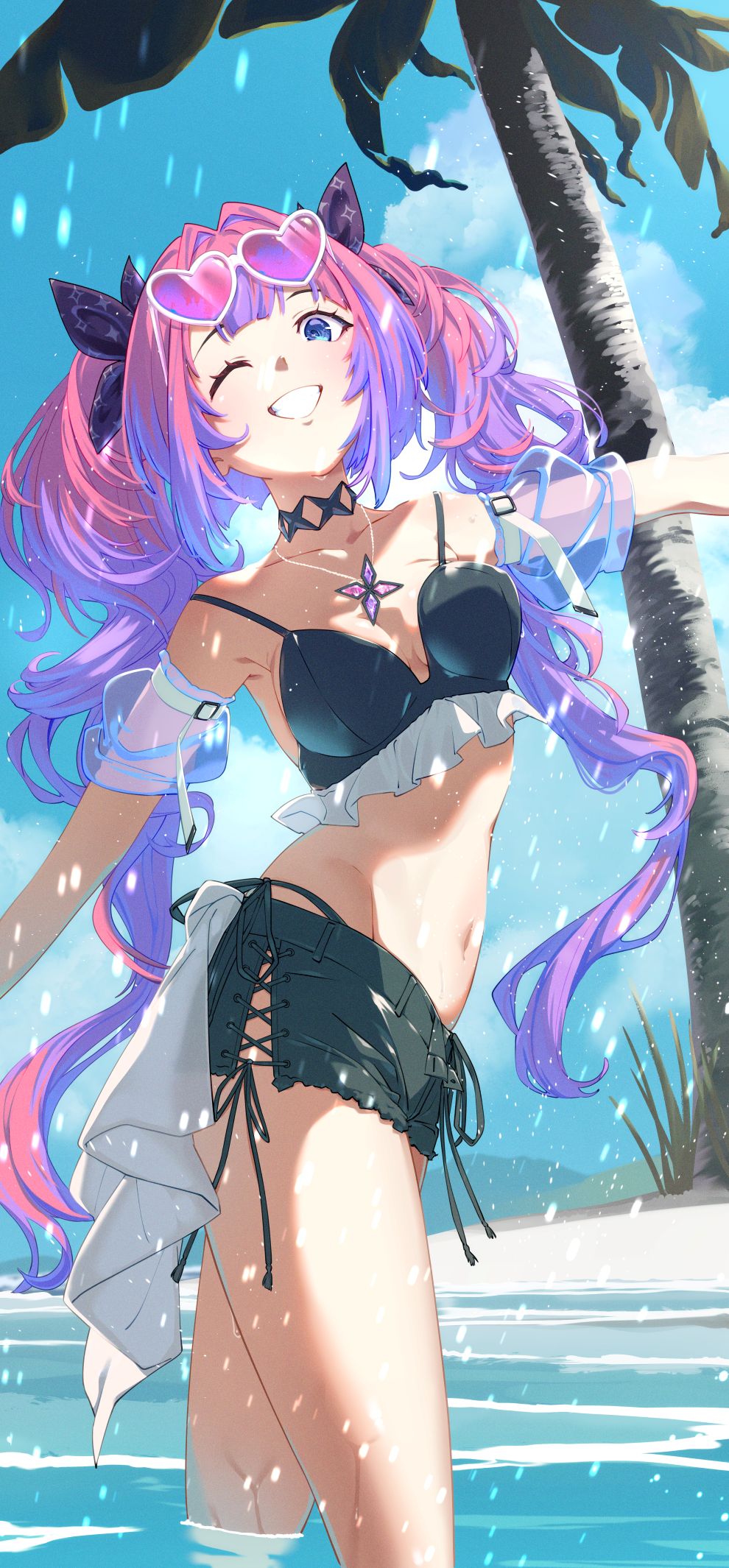 nashino (nashitsubu), kikirara vivi, hololive, hololive dev is, highres, 1girl, ;d, alternate costume, beach, bikini, bikini under shorts, black bikini, black bow, black choker, black shorts, blue eyes, blue sky, bow, breasts, choker, cleavage, cloud, cross-laced clothes, cross-laced shorts, cross-laced slit, day, detached sleeves, eyewear on head, frilled bikini, frills, gradient hair, grin, hair bow, heart, heart-shaped eyewear, jewelry, long hair, medium breasts, multicolored hair, navel, necklace, one eye closed, open mouth, outdoors, outstretched arms, pink hair, puffy detached sleeves, puffy short sleeves, puffy sleeves, purple-tinted eyewear, purple hair, see-through clothes, see-through sleeves, short shorts, short sleeves, shorts, sky, smile, solo, stomach, streaked hair, sunglasses, swimsuit, tinted eyewear, twintails, very long hair, virtual youtuber, wading