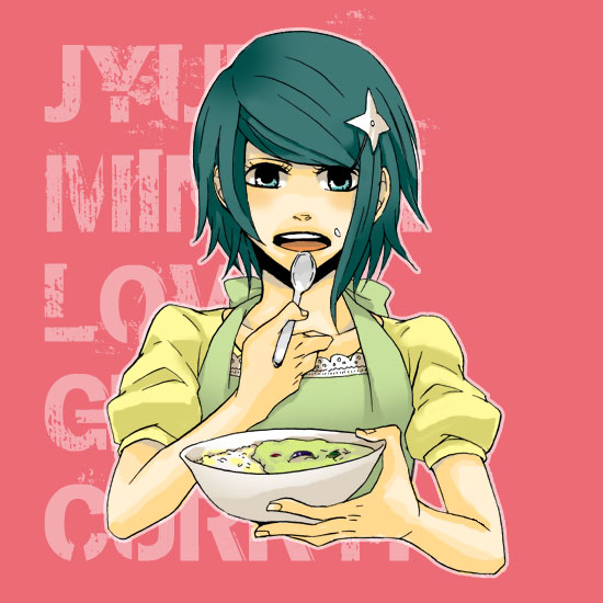 zero takahashi, minami juji, nabari no ou, 00s, apron, blue eyes, blue hair, bowl, food, hair ornament, hairclip, lace-trimmed apron, lace trim, short hair, solo, swept bangs