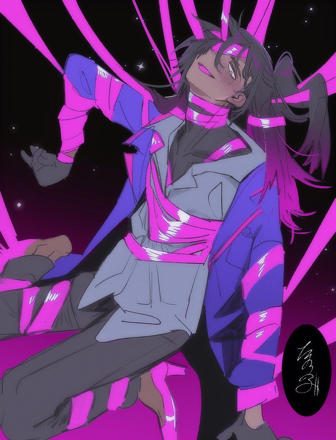tama launcher, limbus company, project moon, highres, 1boy, aseah (project moon), black gloves, black hair, black pants, blue coat, bound, coat, dark-skinned male, dark skin, e.g.o (project moon), full body, gloves, gradient hair, green eyes, hair over one eye, long hair, looking at viewer, male focus, multicolored hair, pants, pink hair, pink ribbon, pink shoes, ponytail, purple background, ribbon, roseate desire (e.g.o), shirt, shoes, simple background, sitting, smile, solo, tied up (nonsexual), undershirt, white shirt