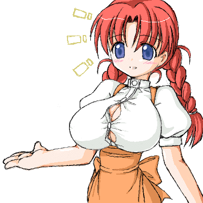 miyata gakuman, lowres, !, 1girl, blue eyes, blush, braid, breasts, bursting breasts, cleavage, female focus, huge breasts, long hair, looking at viewer, parted lips, red hair, simple background, sketch, solo, standing, twin braids, white background
