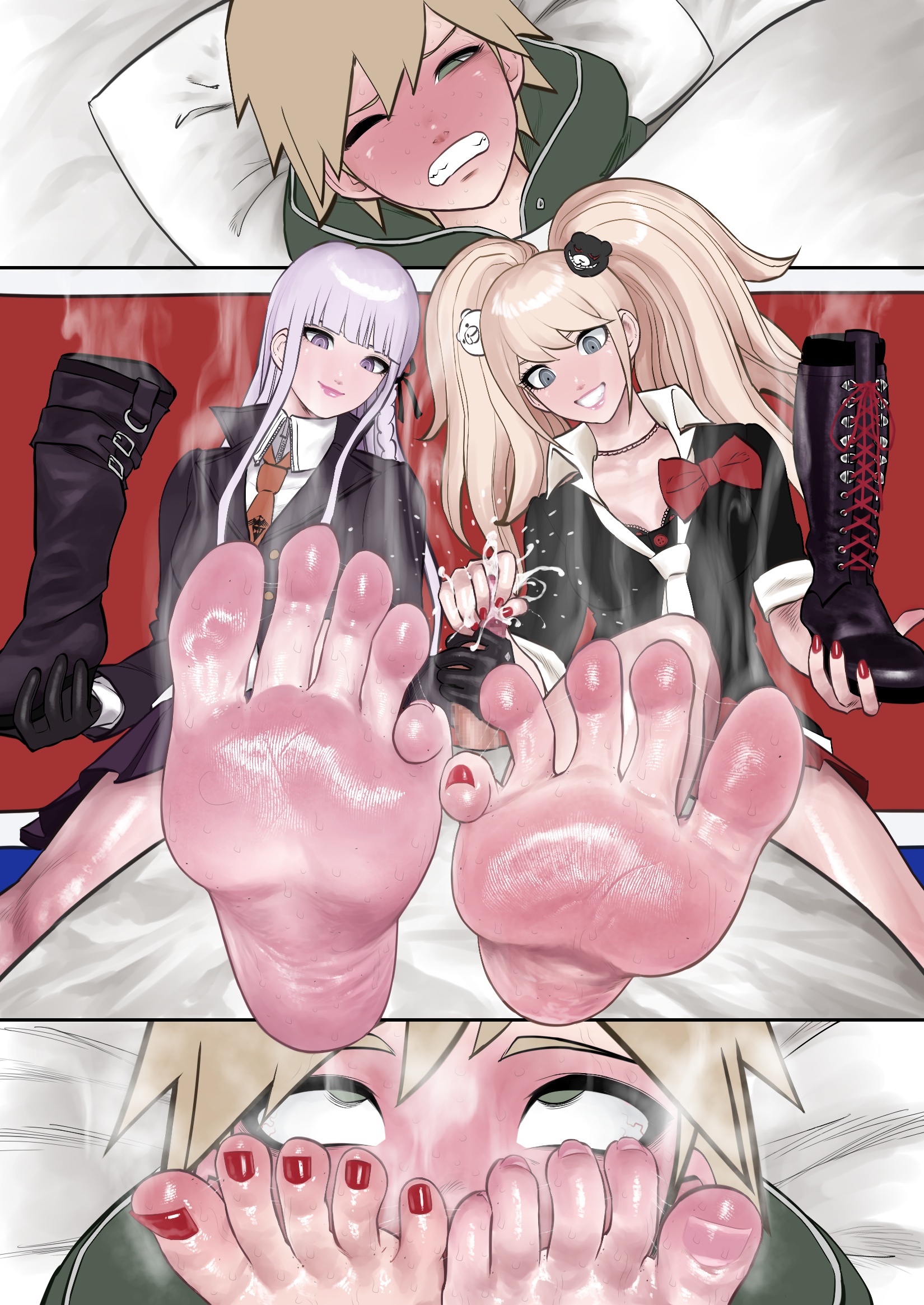 koukou panchi, enoshima junko, kirigiri kyoko, naegi makoto, danganronpa: trigger happy havoc, danganronpa (series), highres, 1boy, 2girls, barefoot, blonde hair, boots, cum, ejaculation, feet, foot focus, grey eyes, grin, handjob, long hair, looking at viewer, multiple girls, purple eyes, purple hair, shoes, smell, smelling, smile, soles, steam, sweat, toes, twintails, unworn boots, unworn shoes