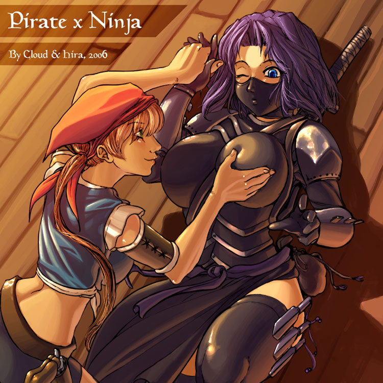 daniel fielding, black legwear, 00s, 2006, 2girls, bandana, blue eyes, bodysuit, breasts, brown hair, dated, grabbing another's breast, groping, gun, handgun, holster, huge breasts, interlocked fingers, katana, mask, midriff, multiple girls, ninja, one eye closed, pirate, pistol, purple hair, revolver, sword, thighhighs, weapon, wink, yuri