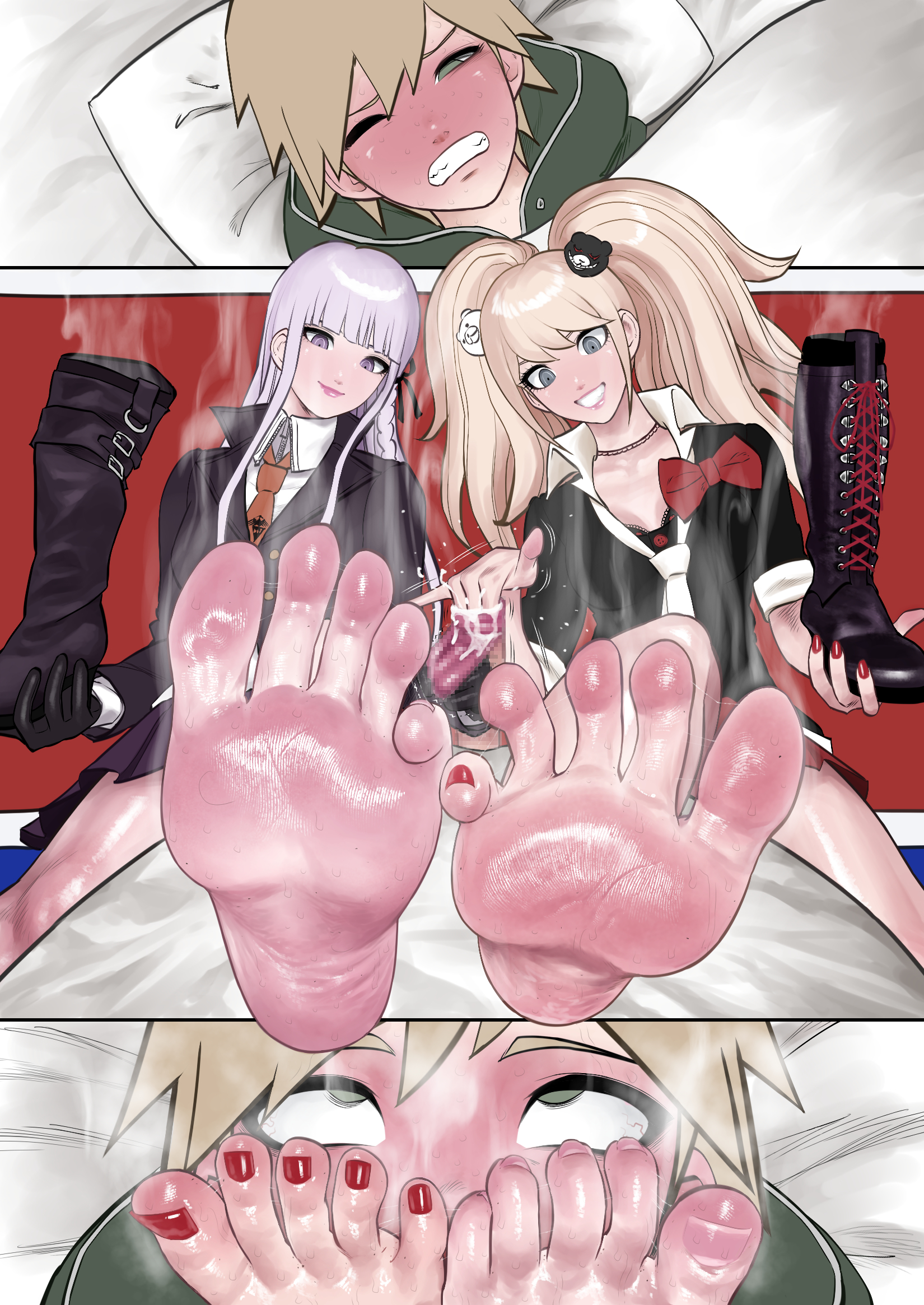 koukou panchi, enoshima junko, kirigiri kyoko, naegi makoto, danganronpa: trigger happy havoc, danganronpa (series), highres, 1boy, 2girls, barefoot, blonde hair, boots, cum, ejaculation, feet, foot focus, grey eyes, grin, handjob, long hair, looking at viewer, multiple girls, purple eyes, purple hair, shoes, smell, smelling, smile, soles, steam, sweat, toes, twintails, unworn boots, unworn shoes