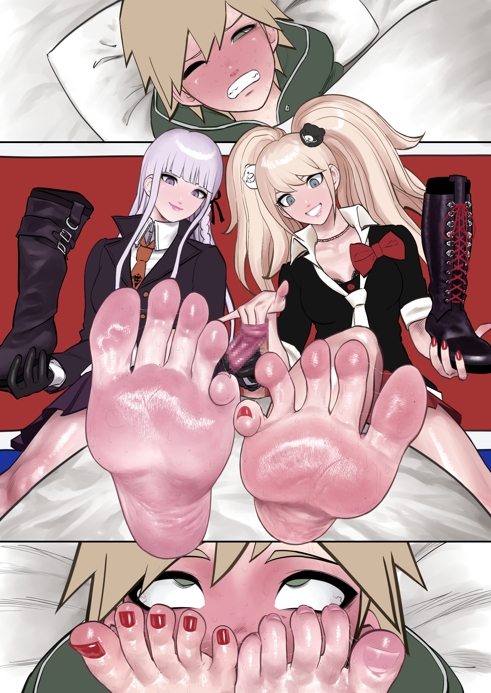 koukou panchi, enoshima junko, kirigiri kyoko, naegi makoto, danganronpa: trigger happy havoc, danganronpa (series), highres, 1boy, 2girls, barefoot, blonde hair, boots, feet, foot focus, grey eyes, grin, handjob, long hair, looking at viewer, multiple girls, purple eyes, purple hair, shoes, smell, smelling, smile, soles, toes, twintails, unworn boots, unworn shoes