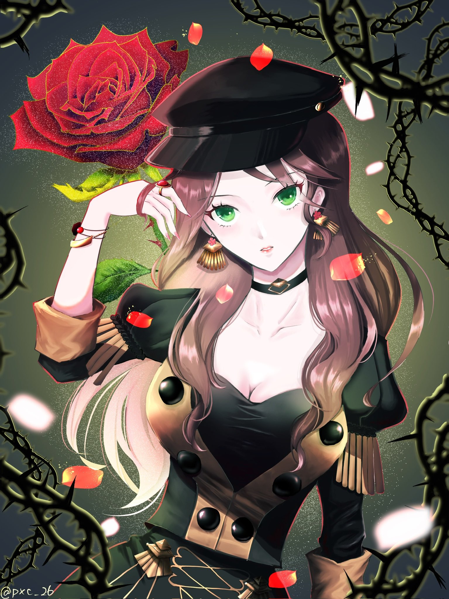 dorothea arnault, fire emblem, fire emblem: three houses, nintendo, 1girl, breasts, brown hair, choker, cleavage, collarbone, earrings, garreg mach monastery uniform, green eyes, hat, jewelry, large breasts, long hair, looking at viewer, solo