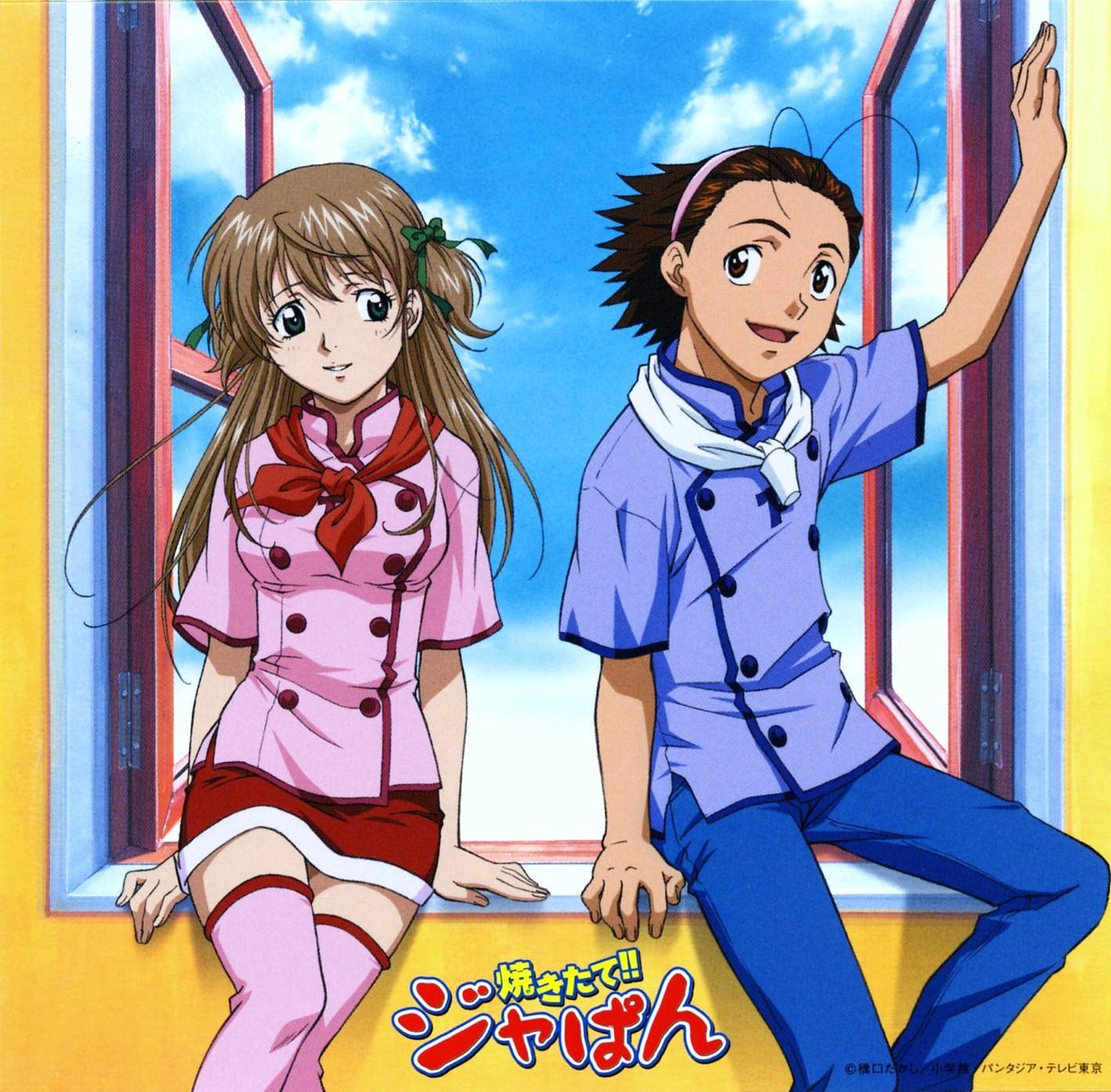 azuma kazuma, azusagawa tsukino, yakitate!! japan, uniform, highres, non-web source, official art, scan, 00s, 1boy, 1girl, antenna hair, brown hair, cloud, day, green eyes, hairband, long hair, pencil skirt, pink shirt, shirt, sitting, skirt, sky, thighhighs, window, zettai ryouiki
