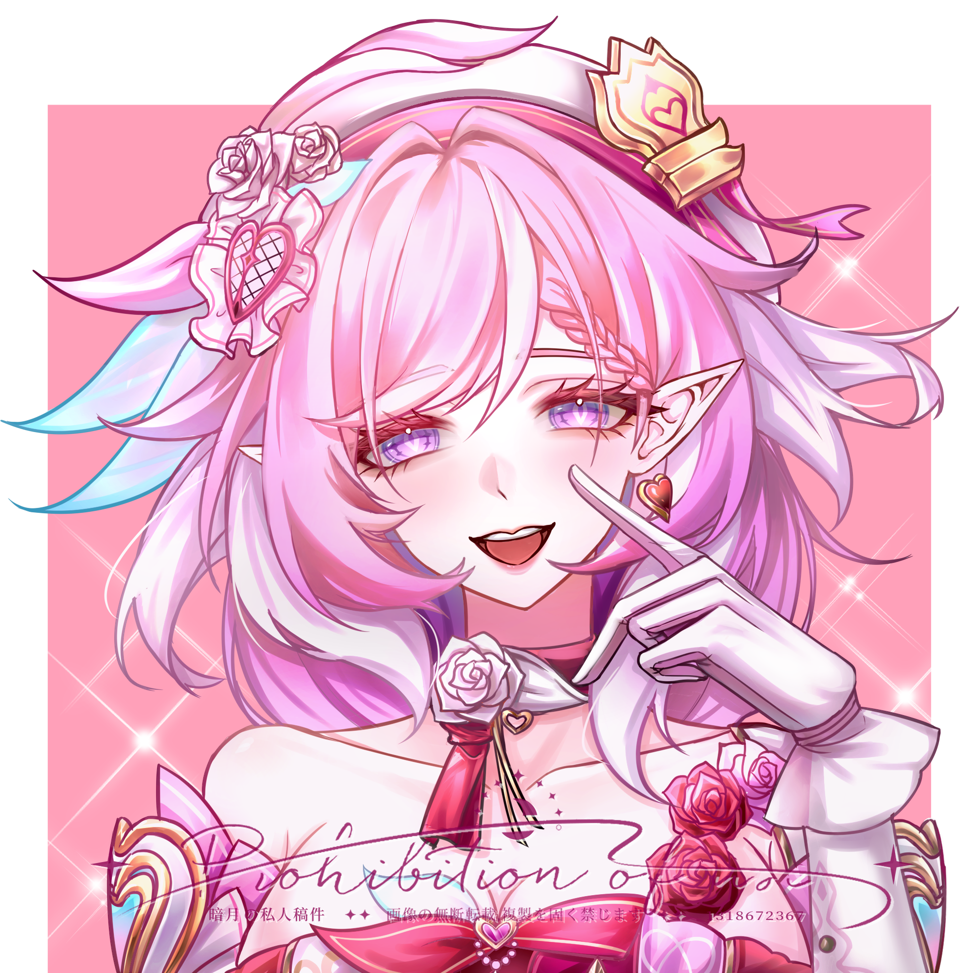 elysia (hi love elf) (honkai impact), elysia (honkai impact), honkai (series), honkai impact 3rd, chinese commentary, commentary request, commission, highres, 1girl, anyue302, beret, breasts, cleavage, diamond-shaped pupils, diamond (shape), dress, earrings, elf, gloves, hat, heart, heart earrings, jewelry, large breasts, long hair, looking at viewer, multicolored hair, pink background, pink hair, pointy ears, purple eyes, red dress, smile, solo, symbol-shaped pupils, two-tone hair, upper body, very long hair, white gloves, white hair, white hat