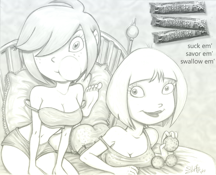 fluffy (artist), marie kanker, nazz, ed edd n eddy, english, bed, breast press, breasts, cleavage, eating, hair over one eye, jawbreakers, lips, monochrome, navel, pillow, short hair, shorts, smile, tank top