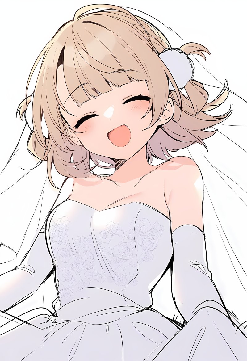 kuronekoron, shigure ui (vtuber), indie virtual youtuber, commentary request, 1girl, :d, alternate costume, bare shoulders, blunt bangs, blush, braid, breasts, bridal veil, bride, brown hair, closed eyes, dress, elbow gloves, facing viewer, gloves, hair ornament, hair rings, medium breasts, medium hair, open mouth, pom pom (clothes), pom pom hair ornament, side braid, side part, side up ring, simple background, smile, solo, strapless, strapless dress, upper body, veil, virtual youtuber, wedding dress, white background, white gloves