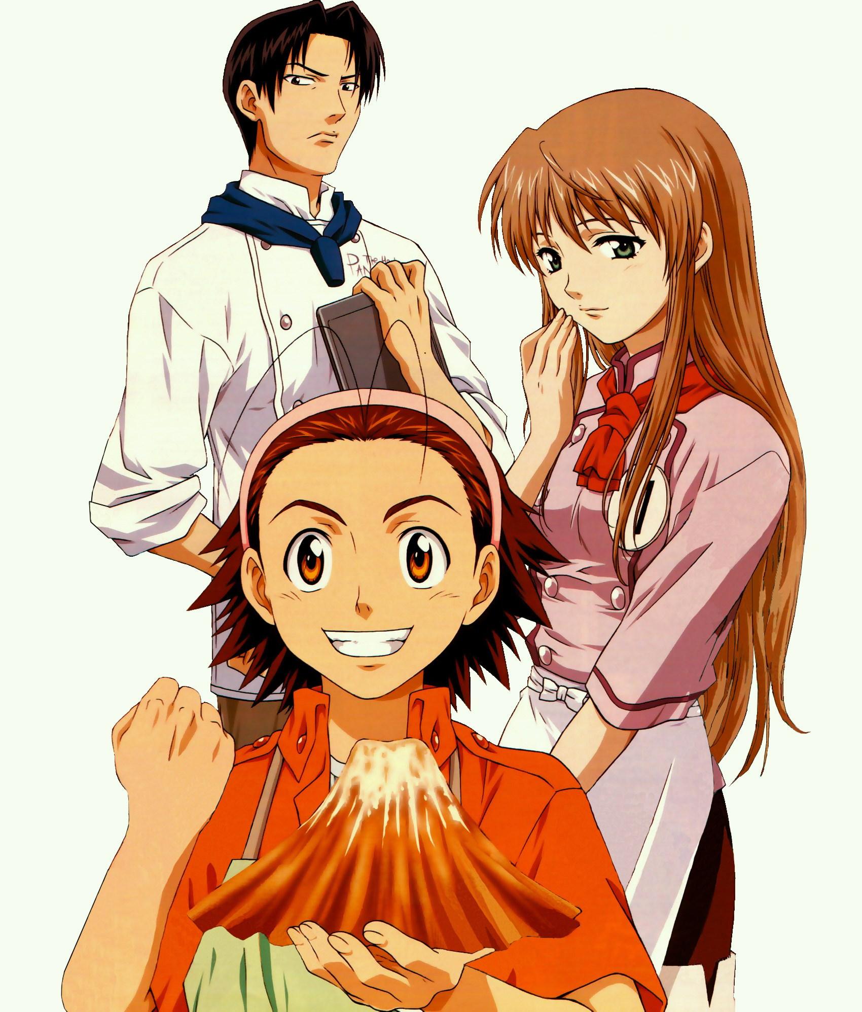 azuma kazuma, azusagawa tsukino, kuroyanagi ryou, yakitate!! japan, highres, non-web source, 00s, 1girl, 2boys, antenna hair, apron, bread, brown hair, chef, food, green eyes, hairband, long hair, multiple boys, pink shirt, shirt, volcano
