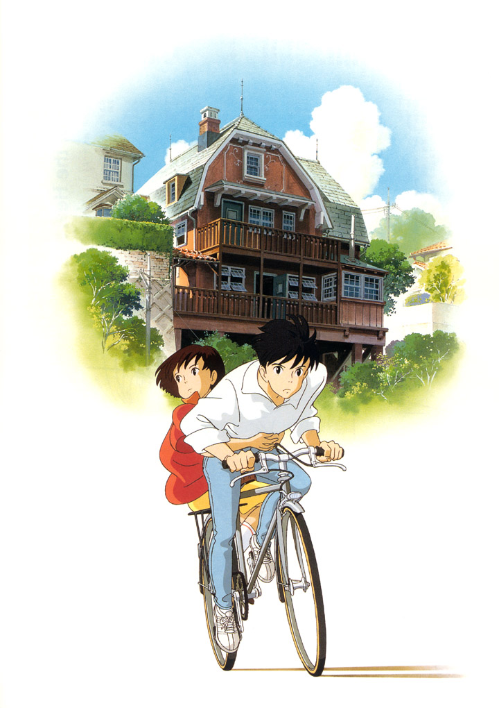 amasawa seiji, tsukishima shizuku, mimi wo sumaseba, studio ghibli, non-web source, 1990s (style), 1boy, 1girl, bicycle, brown hair, cloud, house, jacket, multiple riders, retro artstyle, short hair, sky